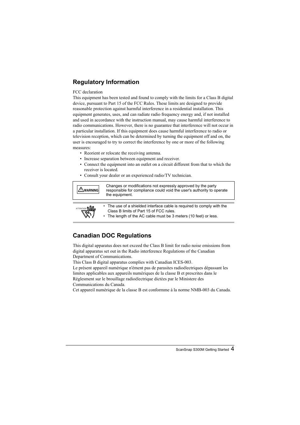 4regulatory information, Canadian doc regulations | FUJITSU SCANSNAP S300M User Manual | Page 5 / 38