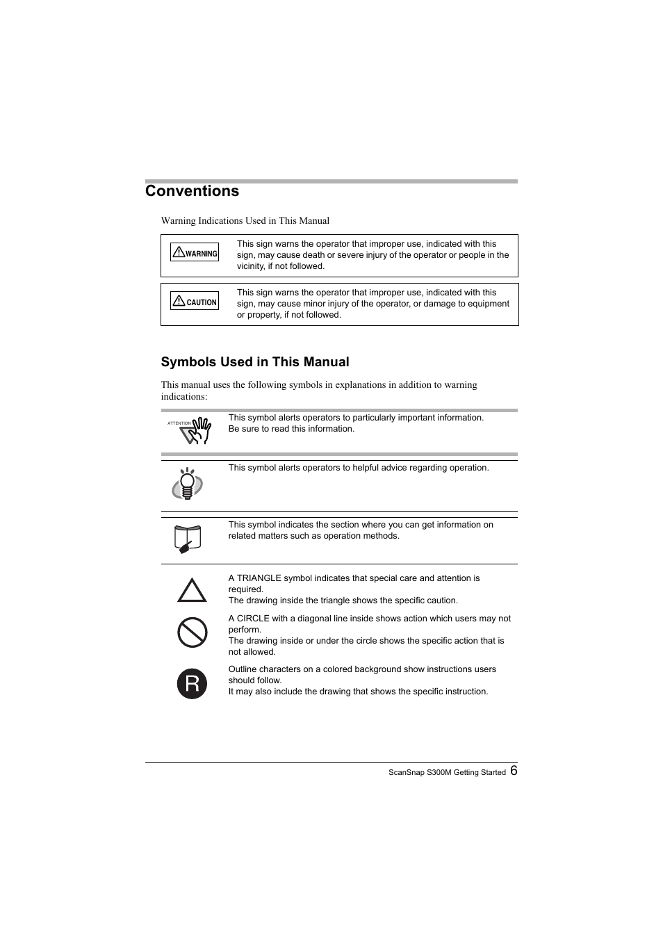 Conventions, Symbols used in this manual | FUJITSU SCANSNAP S300M User Manual | Page 7 / 38