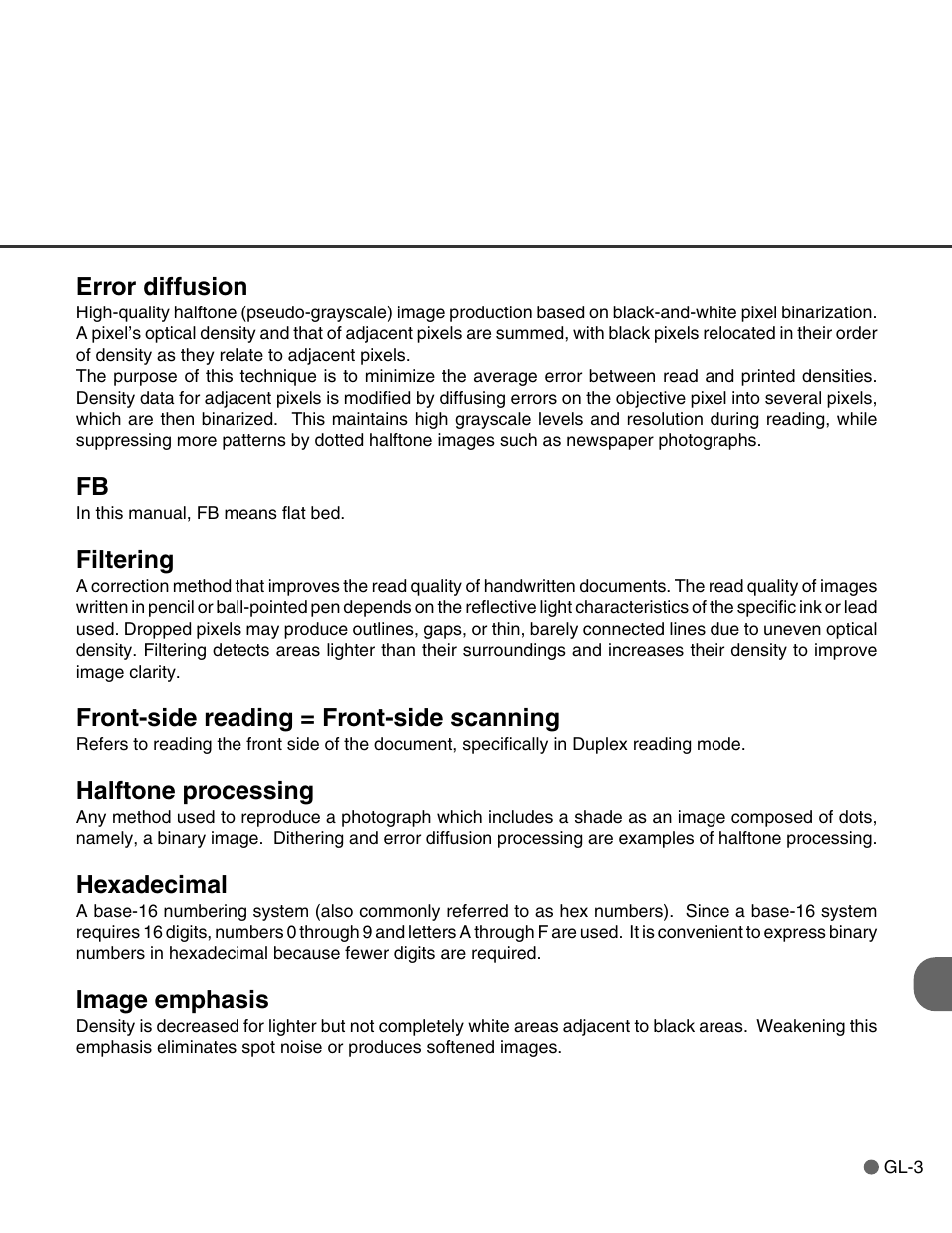 Error diffusion, Filtering, Front-side reading = front-side scanning | Halftone processing, Hexadecimal, Image emphasis | FUJITSU C150-E146-02EN User Manual | Page 89 / 100