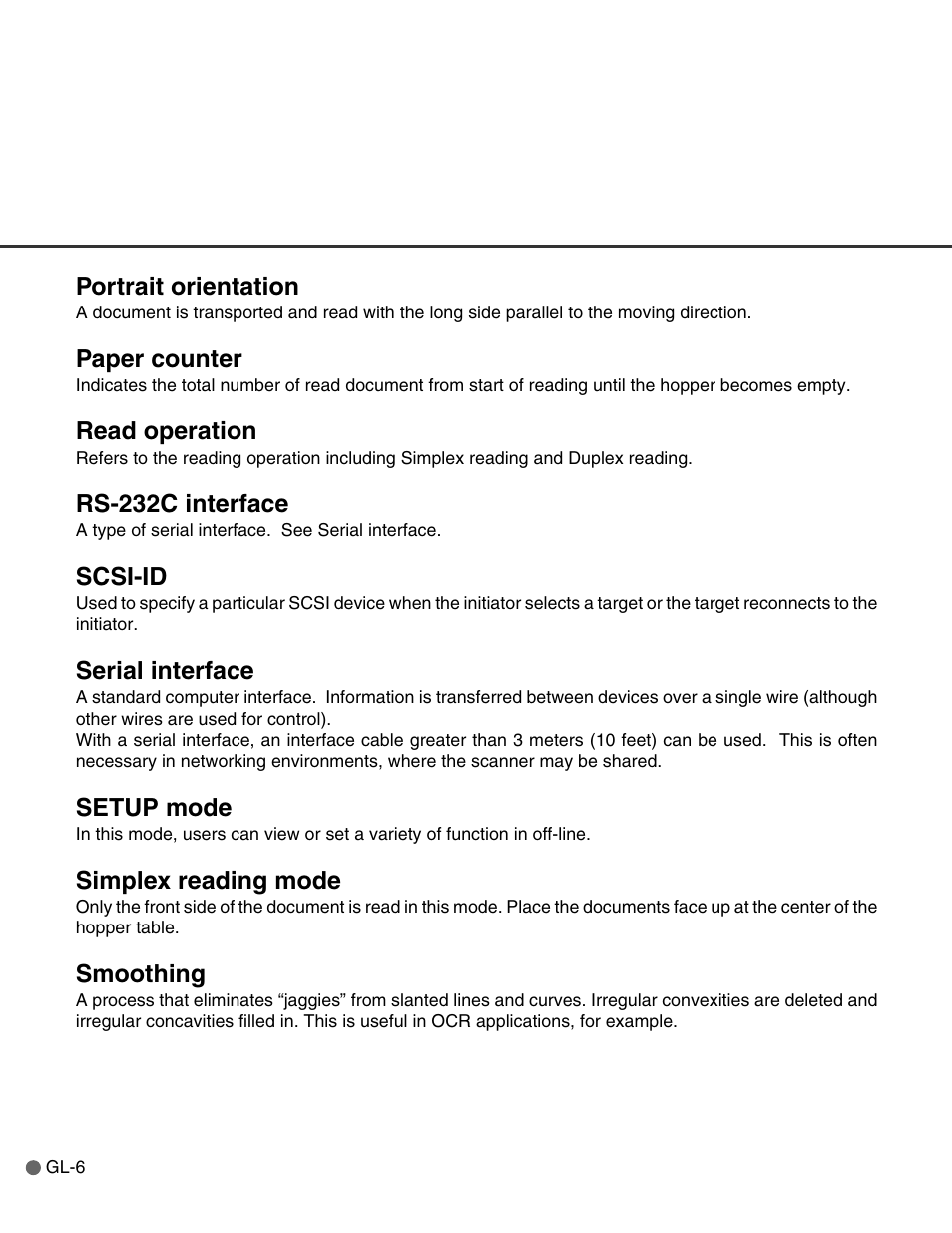 Portrait orientation, Paper counter, Read operation | Rs-232c interface, Scsi-id, Serial interface, Setup mode, Simplex reading mode, Smoothing | FUJITSU C150-E146-02EN User Manual | Page 92 / 100