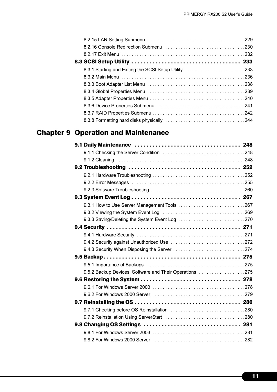 Chapter 9 operation and maintenance | FUJITSU Primergy RX200 S2 User Manual | Page 11 / 307