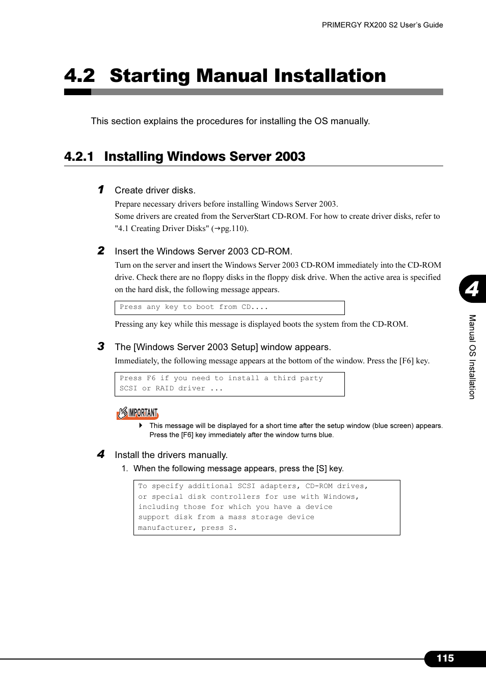 2 starting manual installation, 1 installing windows server 2003 | FUJITSU Primergy RX200 S2 User Manual | Page 115 / 307