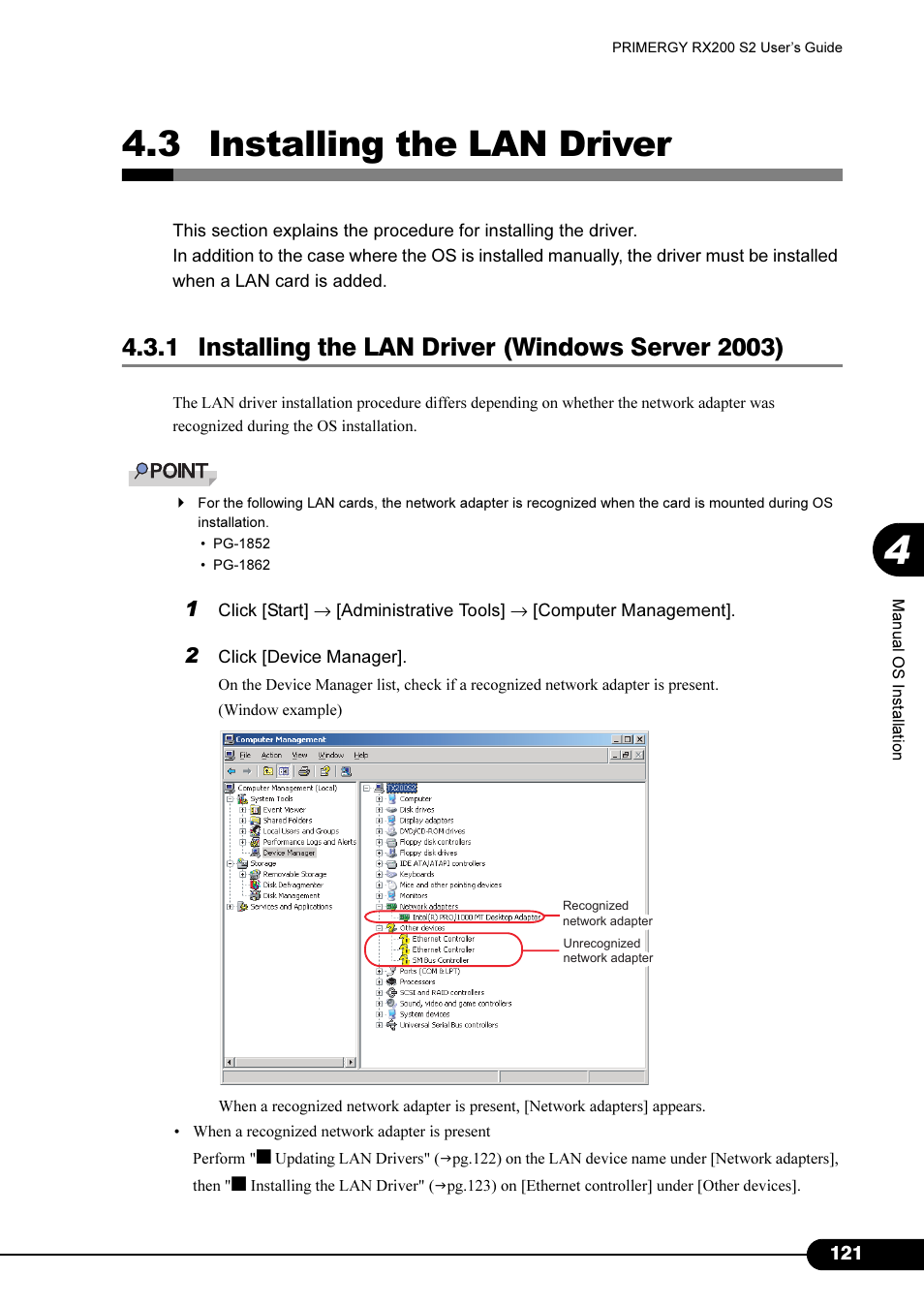 3 installing the lan driver, 1 installing the lan driver (windows server 2003), R to "4.3 installing the lan driver" ( pg.121) | FUJITSU Primergy RX200 S2 User Manual | Page 121 / 307