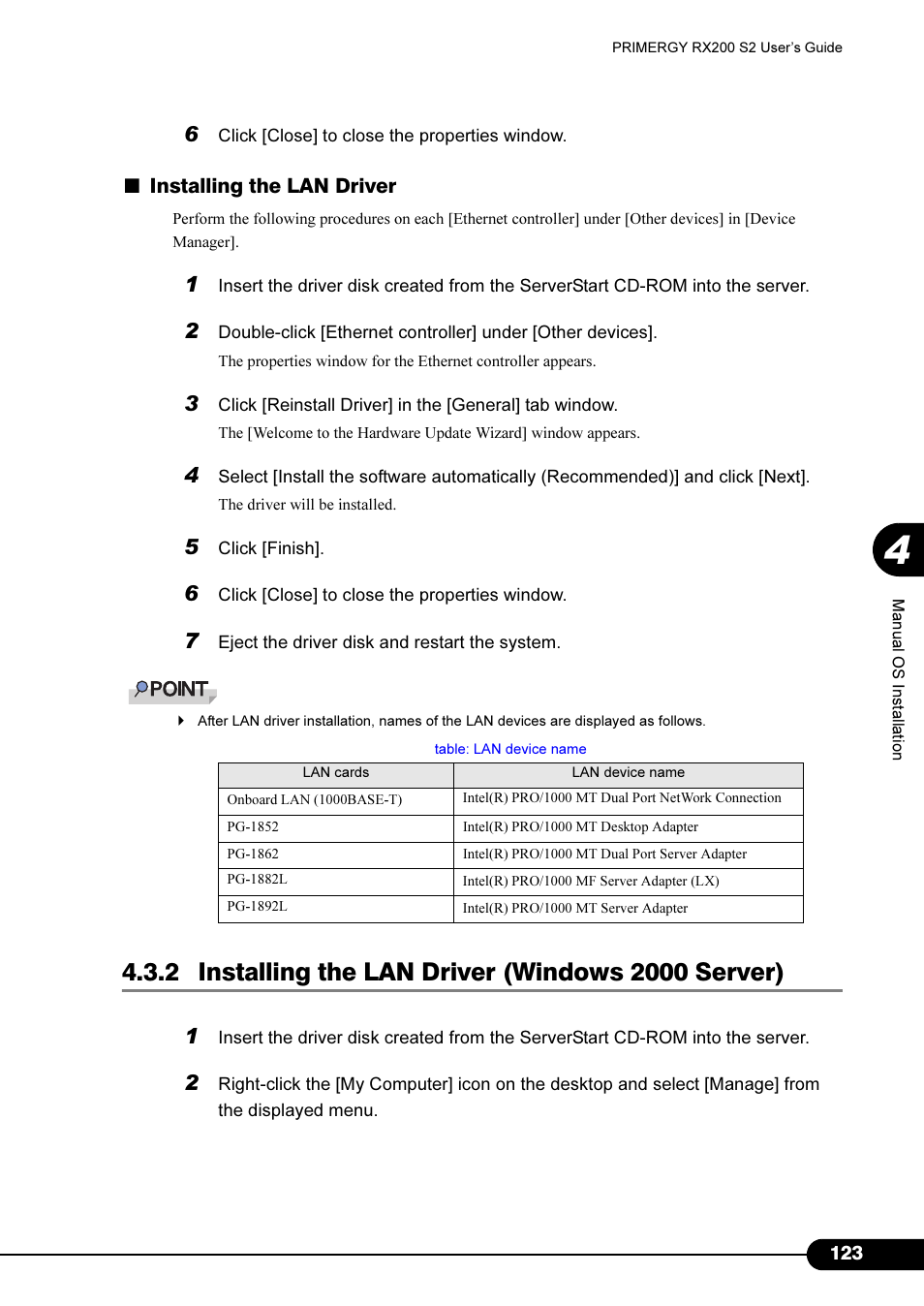 2 installing the lan driver (windows 2000 server), Installing the lan driver" ( pg.123) on | FUJITSU Primergy RX200 S2 User Manual | Page 123 / 307