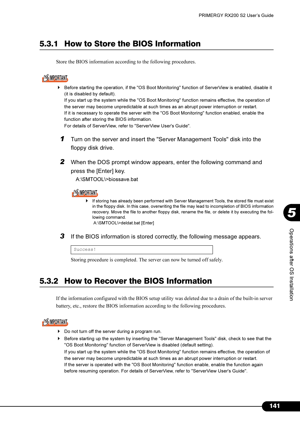 1 how to store the bios information, 2 how to recover the bios information | FUJITSU Primergy RX200 S2 User Manual | Page 141 / 307