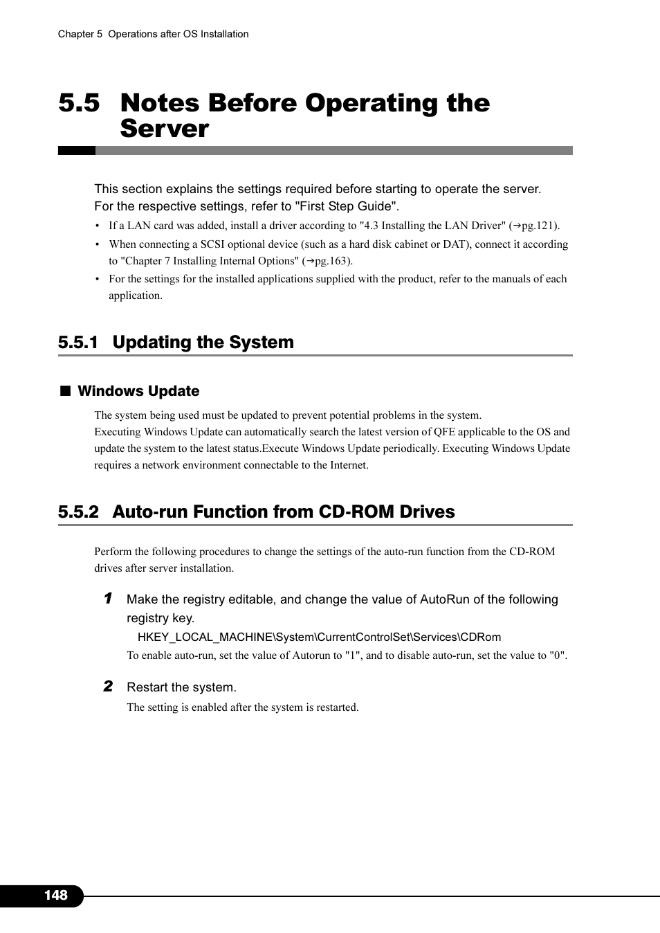 5 notes before operating the server, 1 updating the system, 2 auto-run function from cd-rom drives | FUJITSU Primergy RX200 S2 User Manual | Page 148 / 307