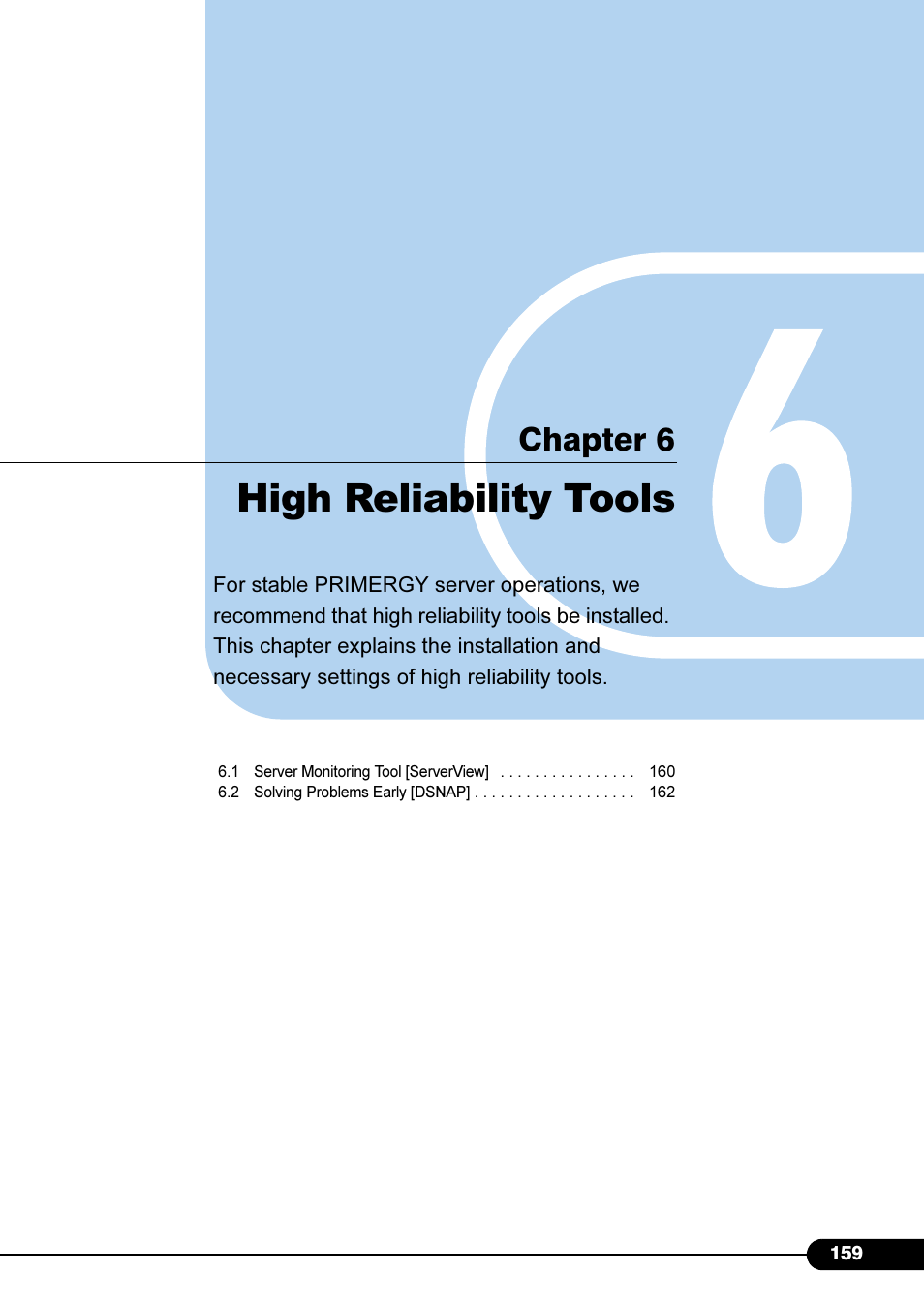 Chapter6 high reliability tools, High reliability tools, Chapter 6 high reliability tools | Chapter 6 | FUJITSU Primergy RX200 S2 User Manual | Page 159 / 307