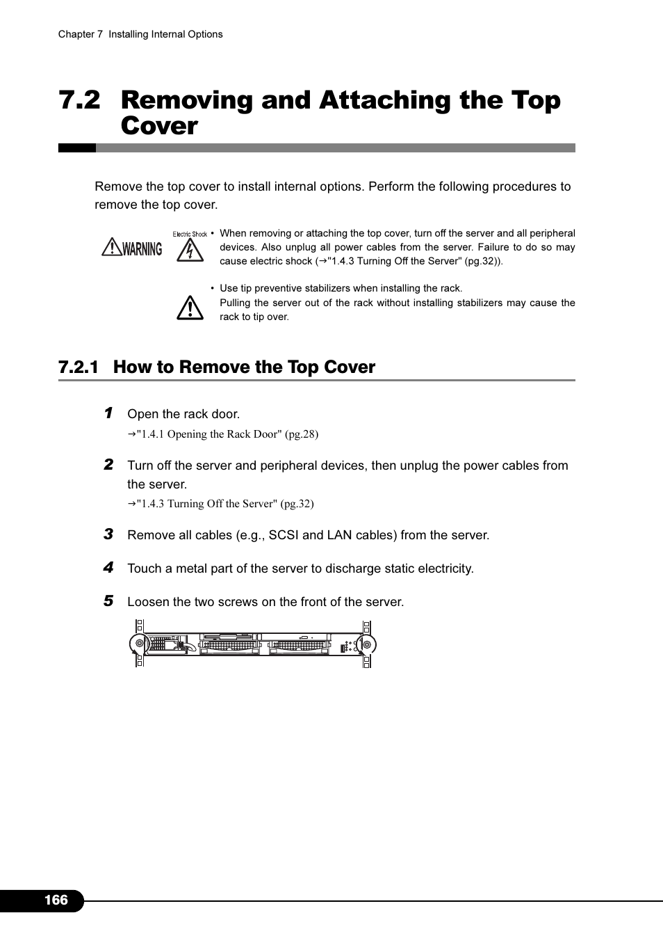 2 removing and attaching the top cover, 1 how to remove the top cover | FUJITSU Primergy RX200 S2 User Manual | Page 166 / 307