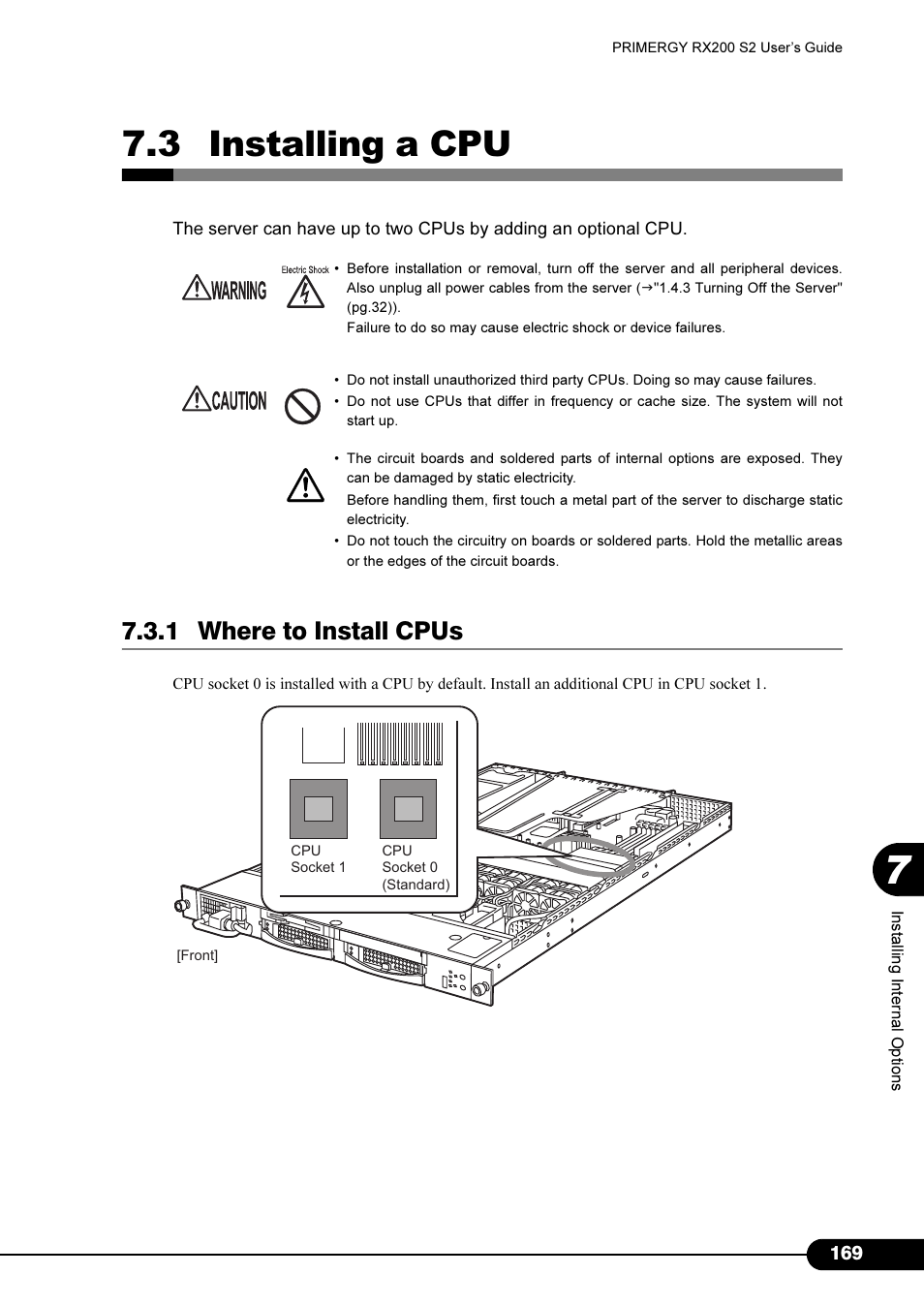 3 installing a cpu, 1 where to install cpus | FUJITSU Primergy RX200 S2 User Manual | Page 169 / 307