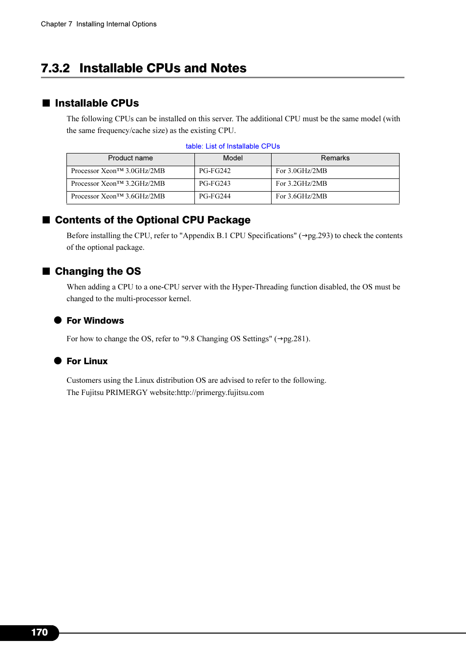 2 installable cpus and notes, Installable cpus, Contents of the optional cpu package | Changing the os | FUJITSU Primergy RX200 S2 User Manual | Page 170 / 307