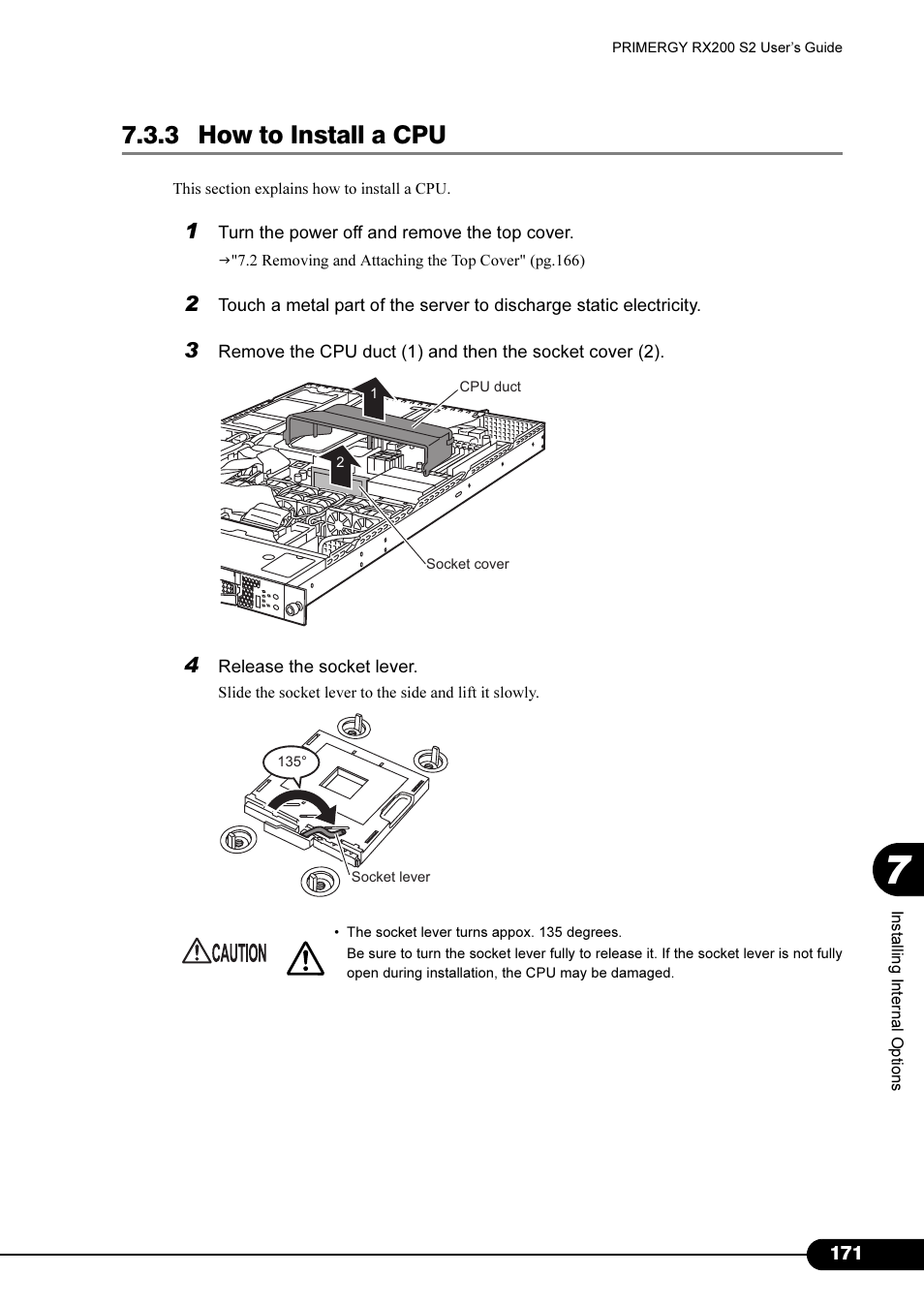 3 how to install a cpu | FUJITSU Primergy RX200 S2 User Manual | Page 171 / 307