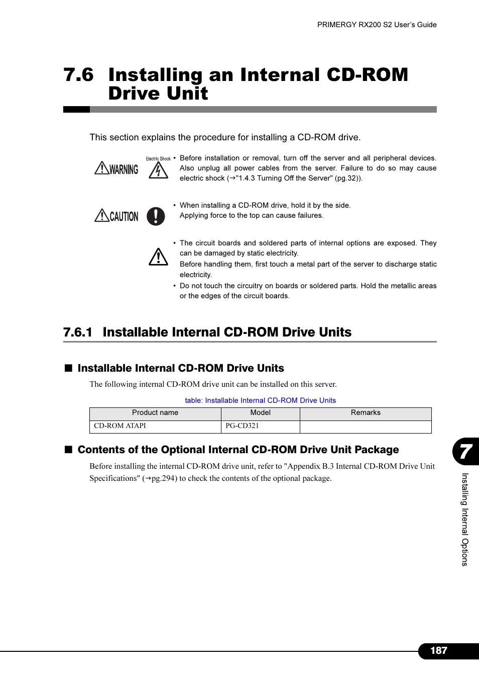 6 installing an internal cd-rom drive unit, 1 installable internal cd-rom drive units, Installable internal cd-rom drive units | FUJITSU Primergy RX200 S2 User Manual | Page 187 / 307