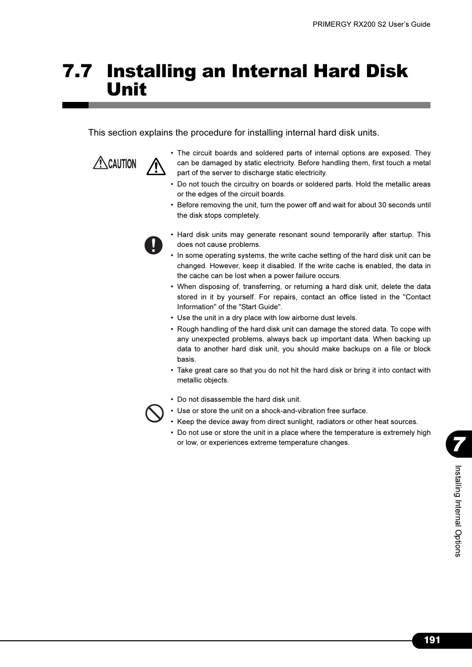 7 installing an internal hard disk unit | FUJITSU Primergy RX200 S2 User Manual | Page 191 / 307