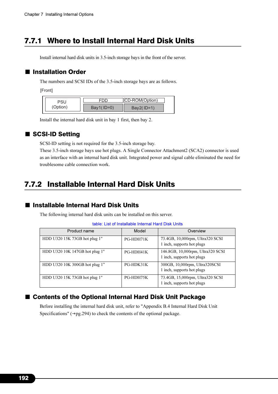 1 where to install internal hard disk units, 2 installable internal hard disk units, Installation order | Scsi-id setting, Installable internal hard disk units | FUJITSU Primergy RX200 S2 User Manual | Page 192 / 307