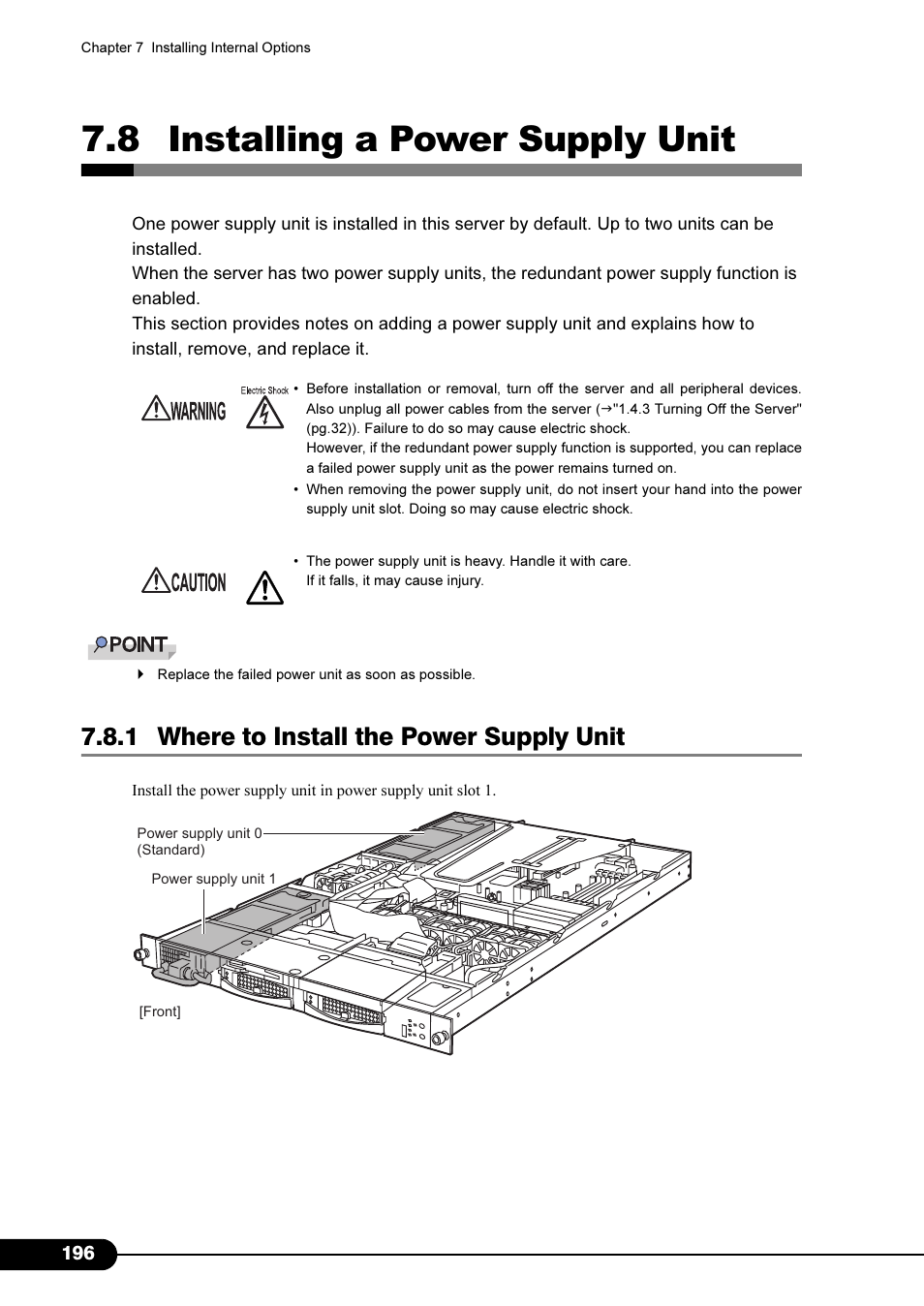 8 installing a power supply unit, 1 where to install the power supply unit | FUJITSU Primergy RX200 S2 User Manual | Page 196 / 307