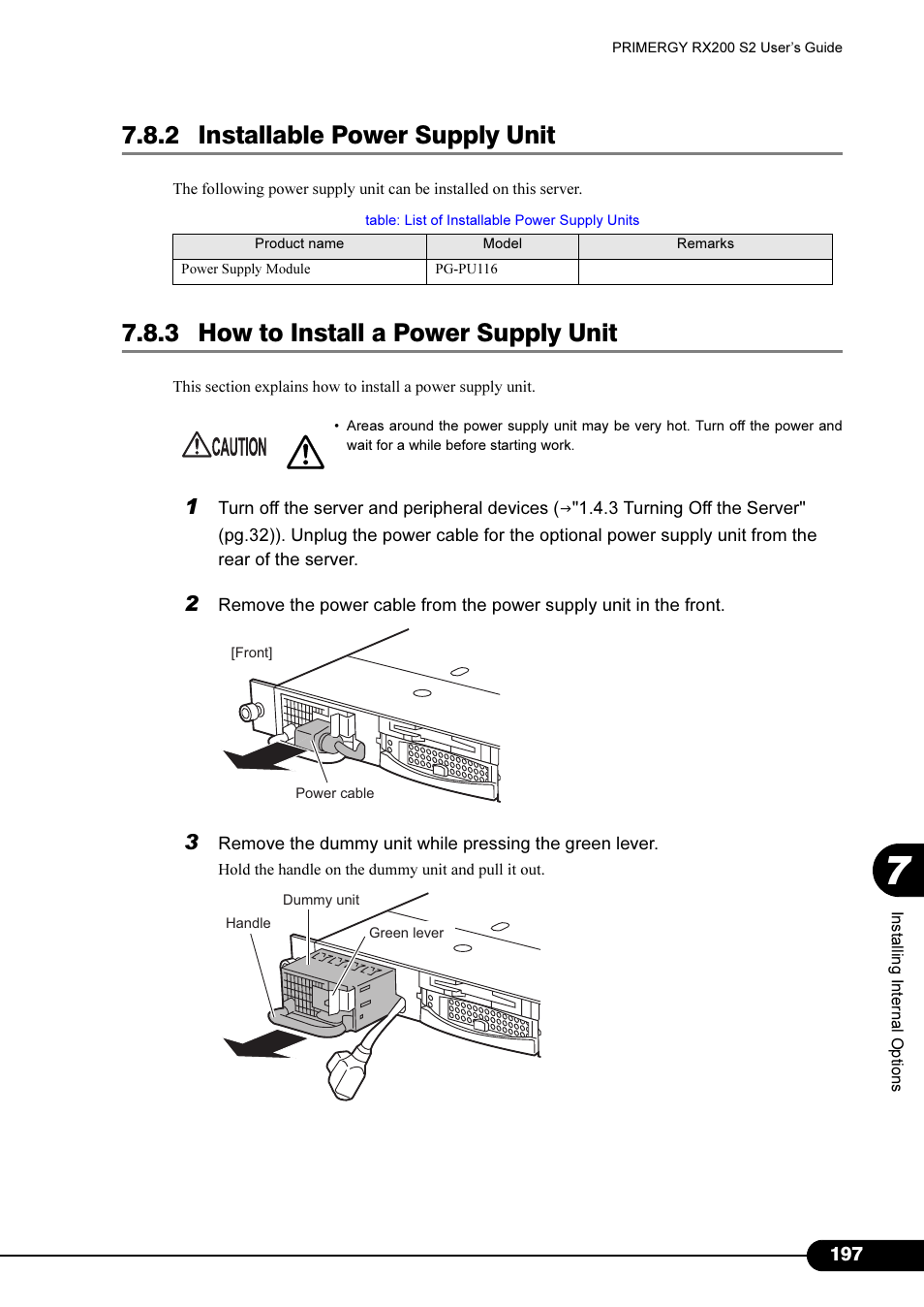 2 installable power supply unit, 3 how to install a power supply unit | FUJITSU Primergy RX200 S2 User Manual | Page 197 / 307