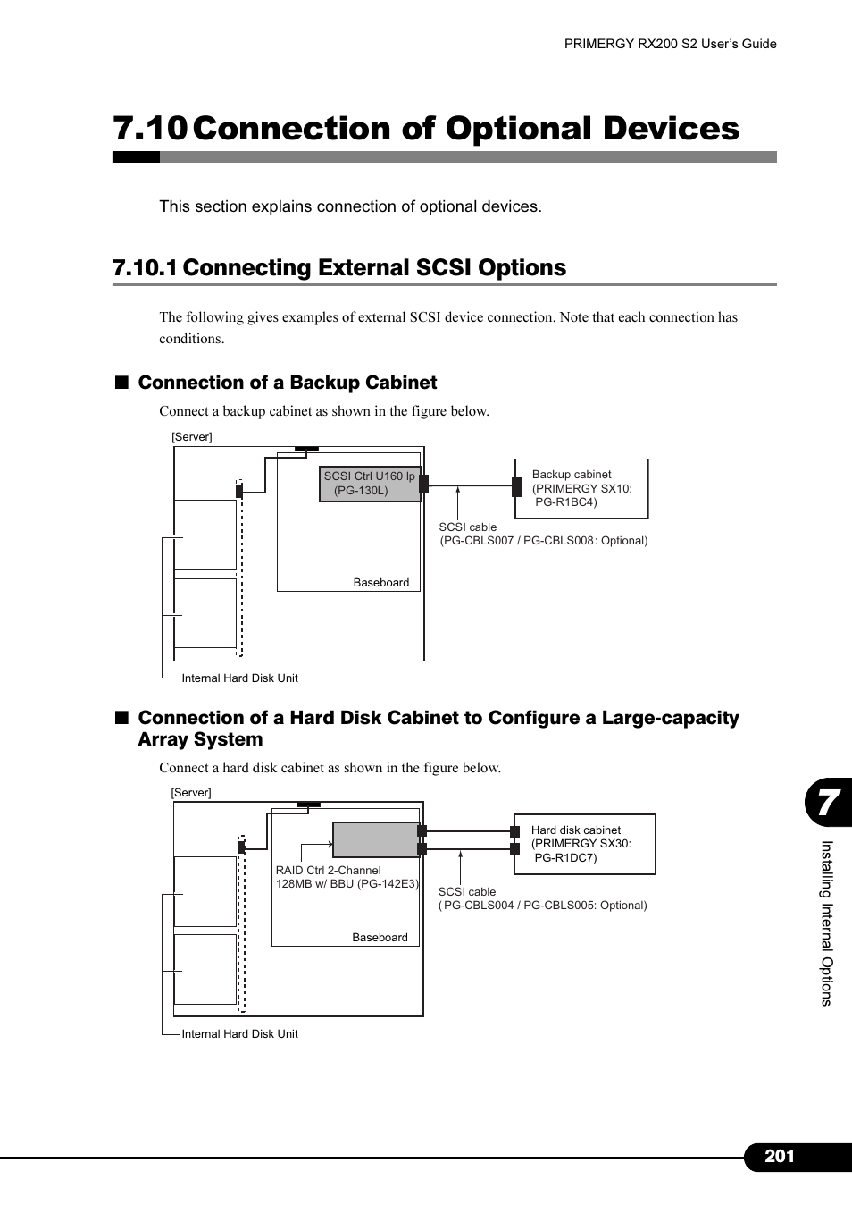 10 connection of optional devices, 1 connecting external scsi options, R to "7.10 connection of optional | Devices" ( pg.201), 10connection of optional devices, Connection of a backup cabinet | FUJITSU Primergy RX200 S2 User Manual | Page 201 / 307