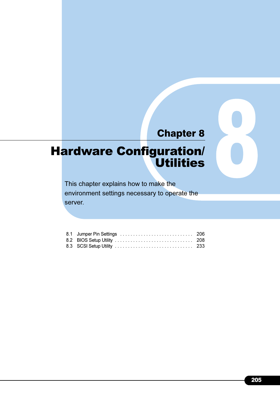 Chapter8 hardware configuration/ utilities, Hardware configuration/utilities, Chapter 8 hardware configuration/utilities | Hardware configuration/utilities" ( pg.205), Hardware configuration/ utilities, Chapter 8 | FUJITSU Primergy RX200 S2 User Manual | Page 205 / 307