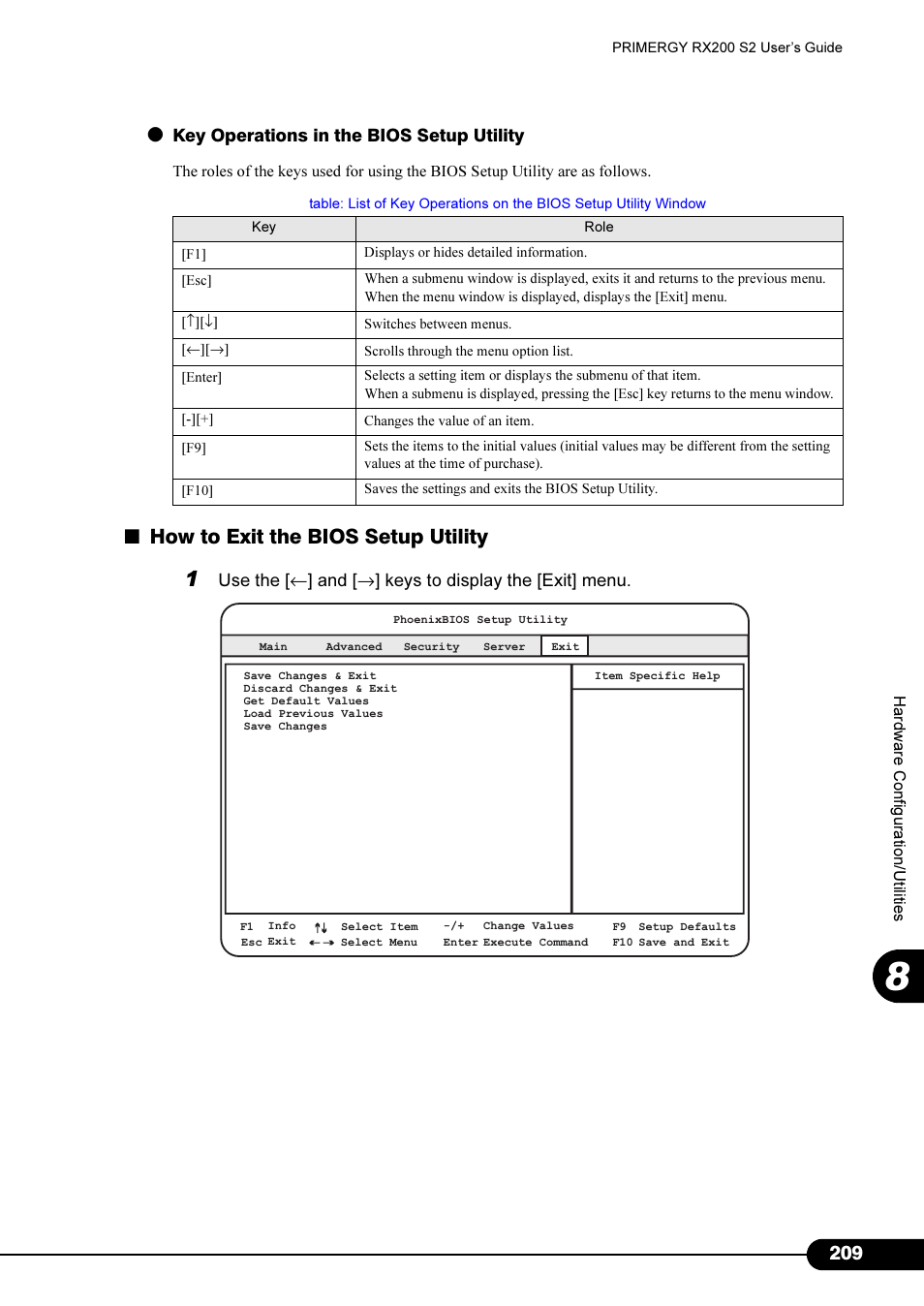 How to exit the bios setup utility | FUJITSU Primergy RX200 S2 User Manual | Page 209 / 307