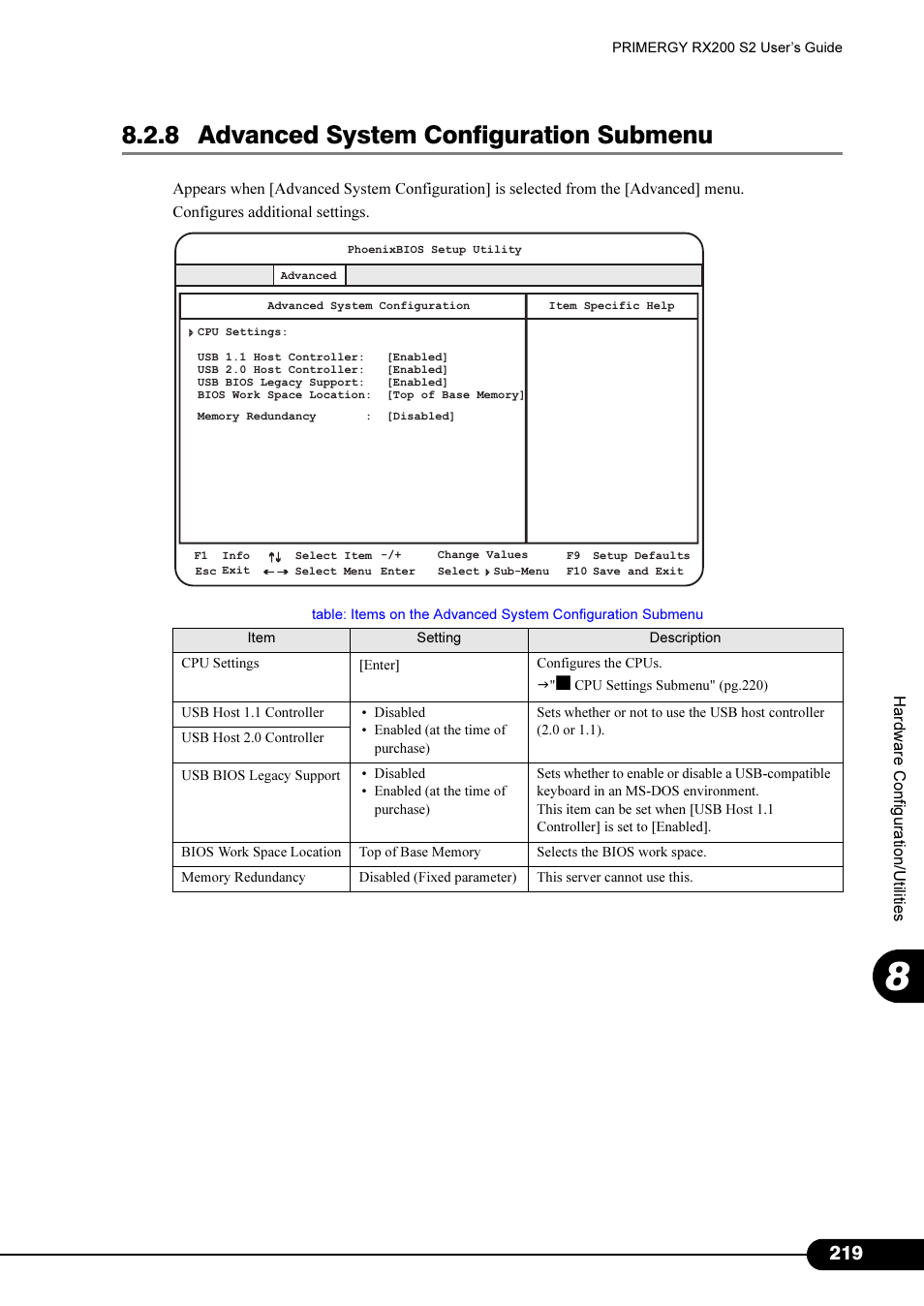 8 advanced system configuration submenu, 8 advanced system configuration, Submenu" (pg.219) | FUJITSU Primergy RX200 S2 User Manual | Page 219 / 307