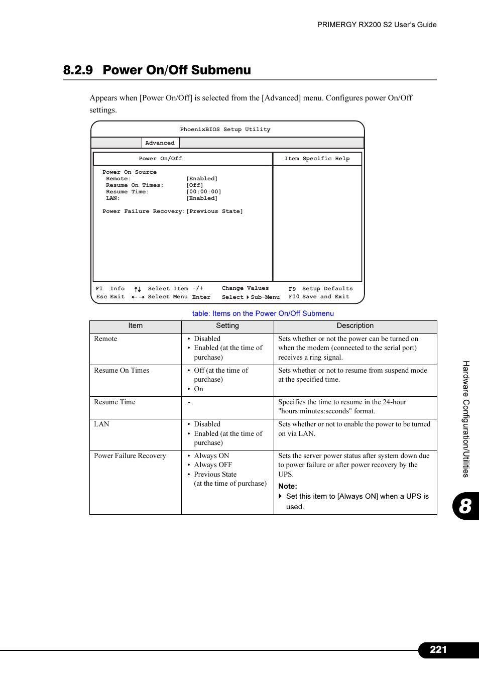 9 power on/off submenu, 9 power on/off submenu" (pg.221) | FUJITSU Primergy RX200 S2 User Manual | Page 221 / 307
