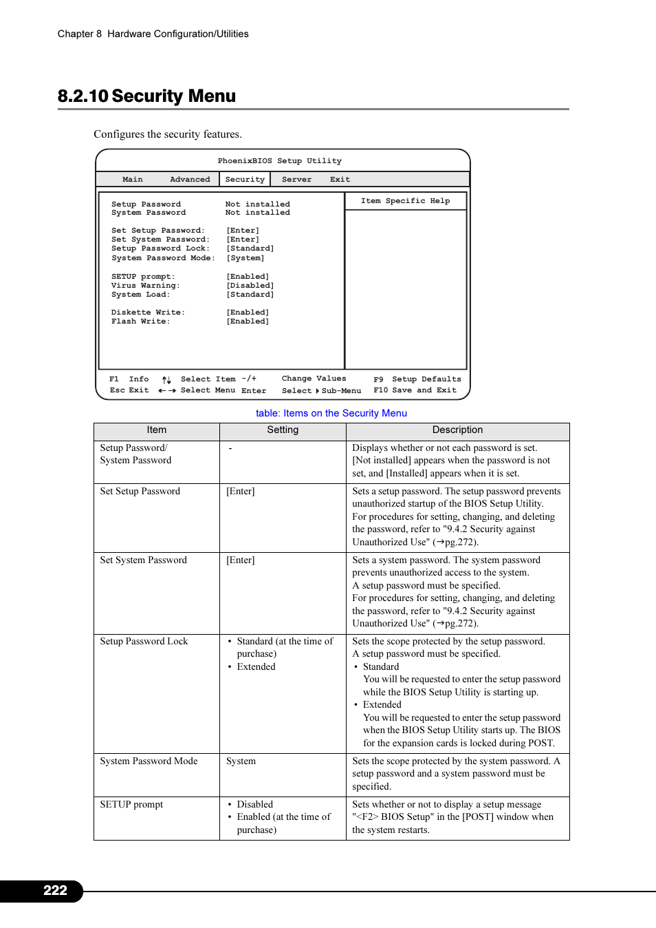10 security menu | FUJITSU Primergy RX200 S2 User Manual | Page 222 / 307