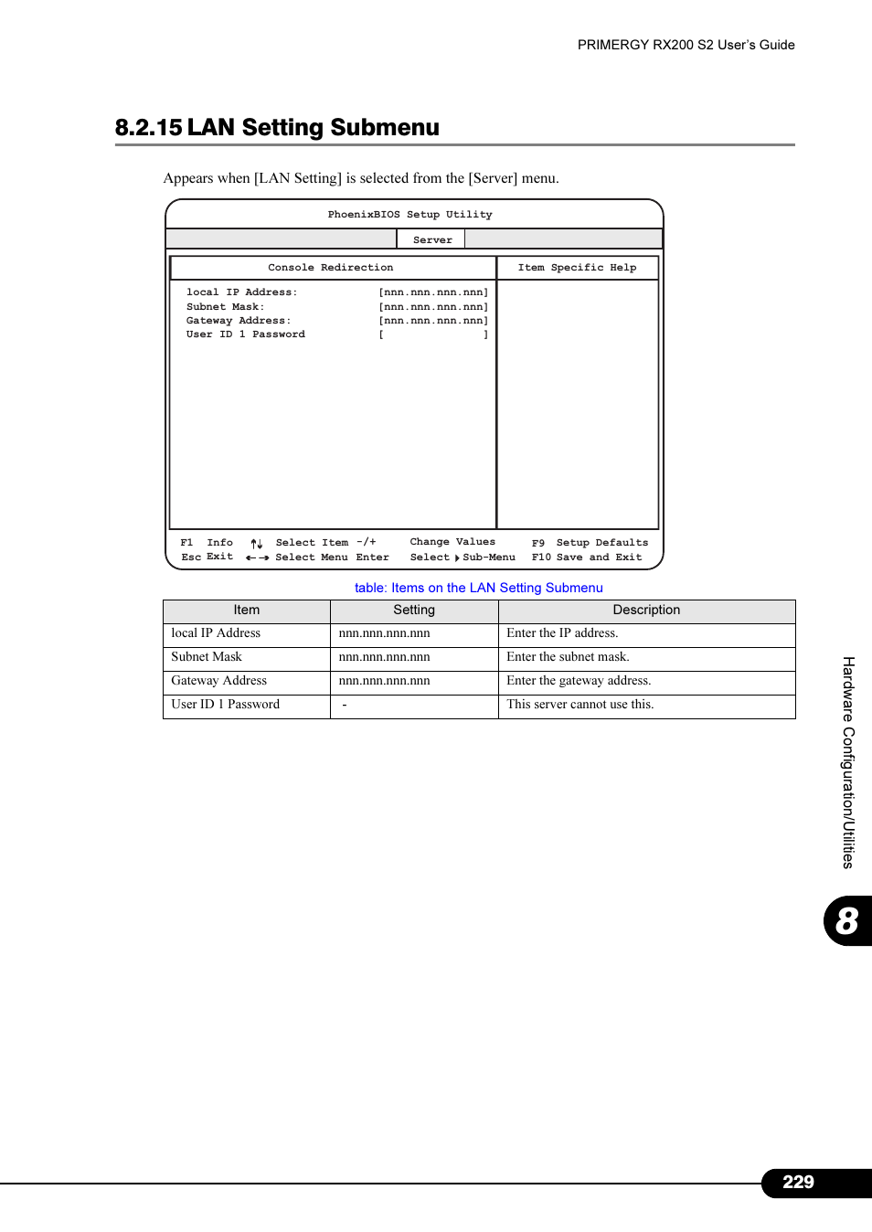 15 lan setting submenu, 15 lan setting submenu" (pg.229) | FUJITSU Primergy RX200 S2 User Manual | Page 229 / 307