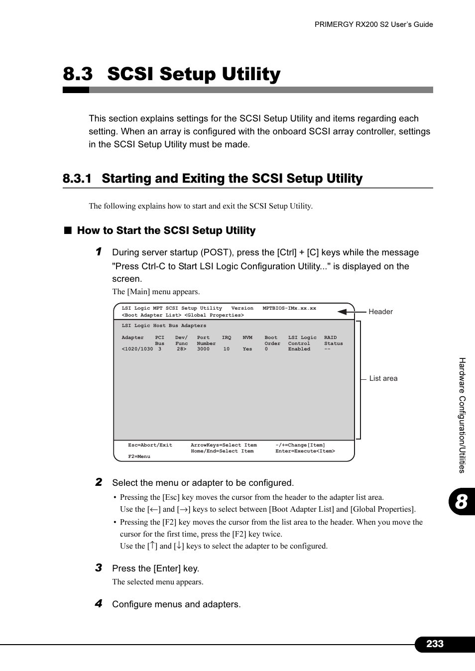 3 scsi setup utility, 1 starting and exiting the scsi setup utility, How to start the scsi setup utility | FUJITSU Primergy RX200 S2 User Manual | Page 233 / 307