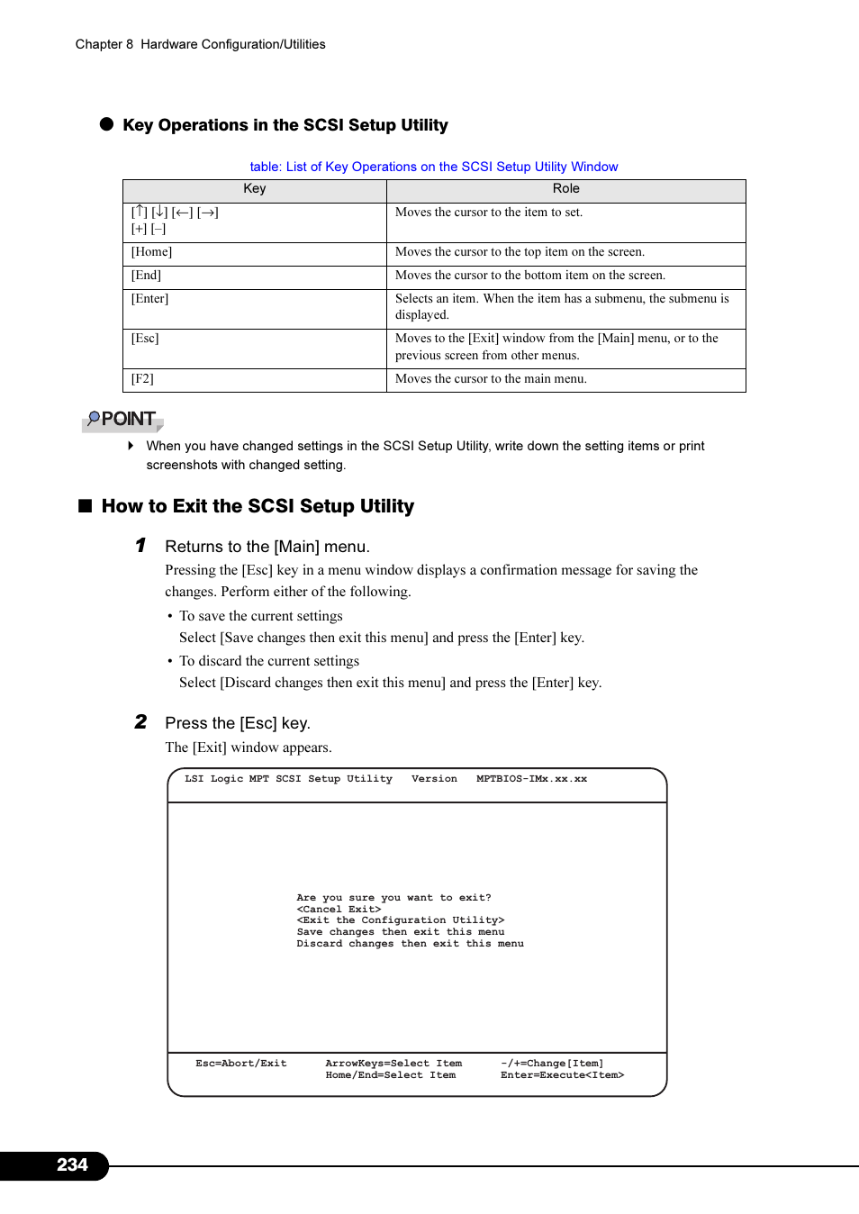 How to exit the scsi setup utility | FUJITSU Primergy RX200 S2 User Manual | Page 234 / 307
