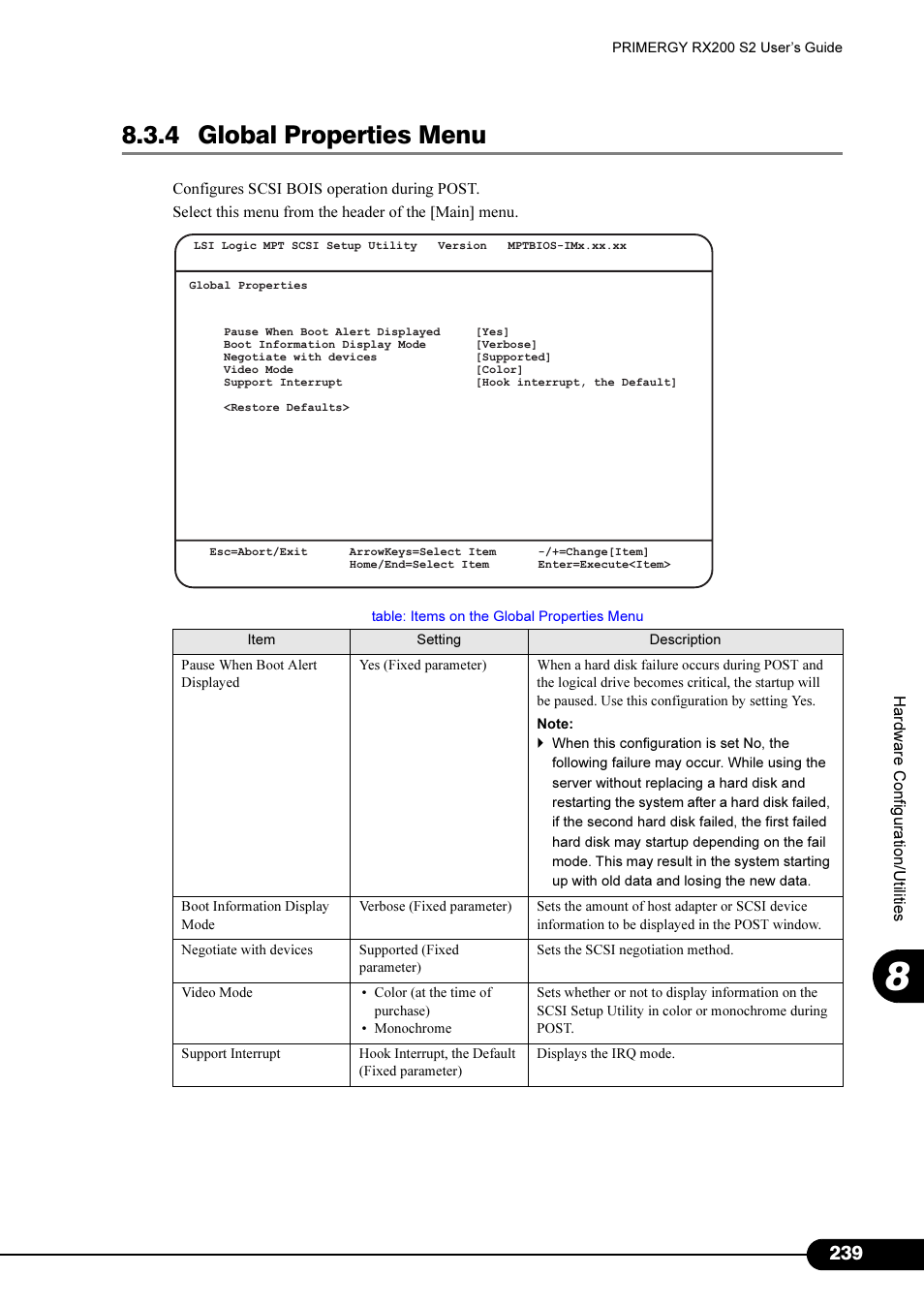 4 global properties menu | FUJITSU Primergy RX200 S2 User Manual | Page 239 / 307