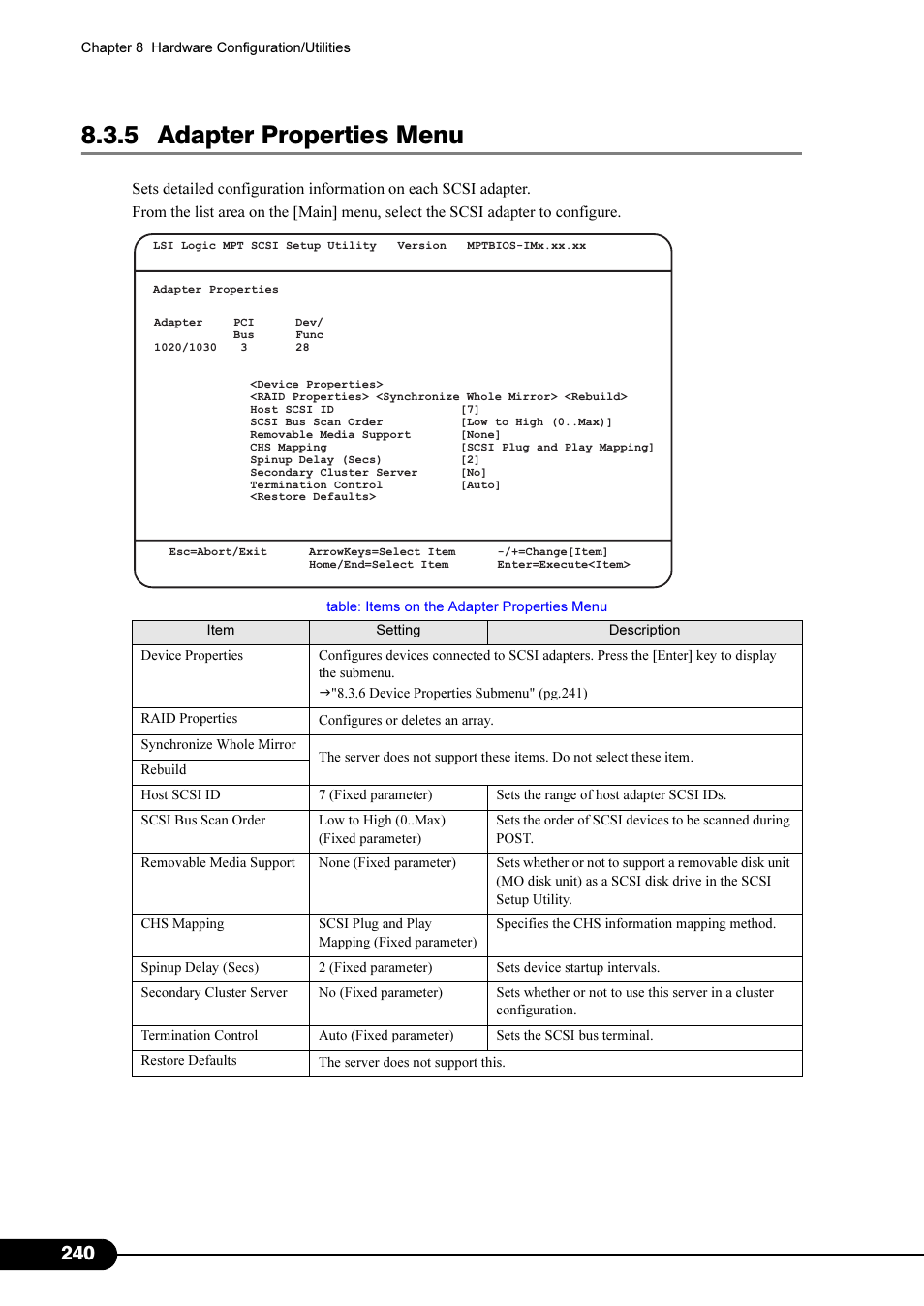 5 adapter properties menu | FUJITSU Primergy RX200 S2 User Manual | Page 240 / 307