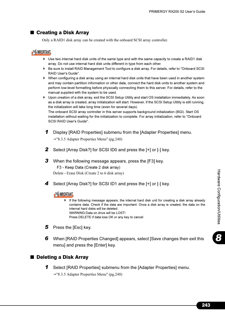 Creating a disk array, Deleting a disk array | FUJITSU Primergy RX200 S2 User Manual | Page 243 / 307