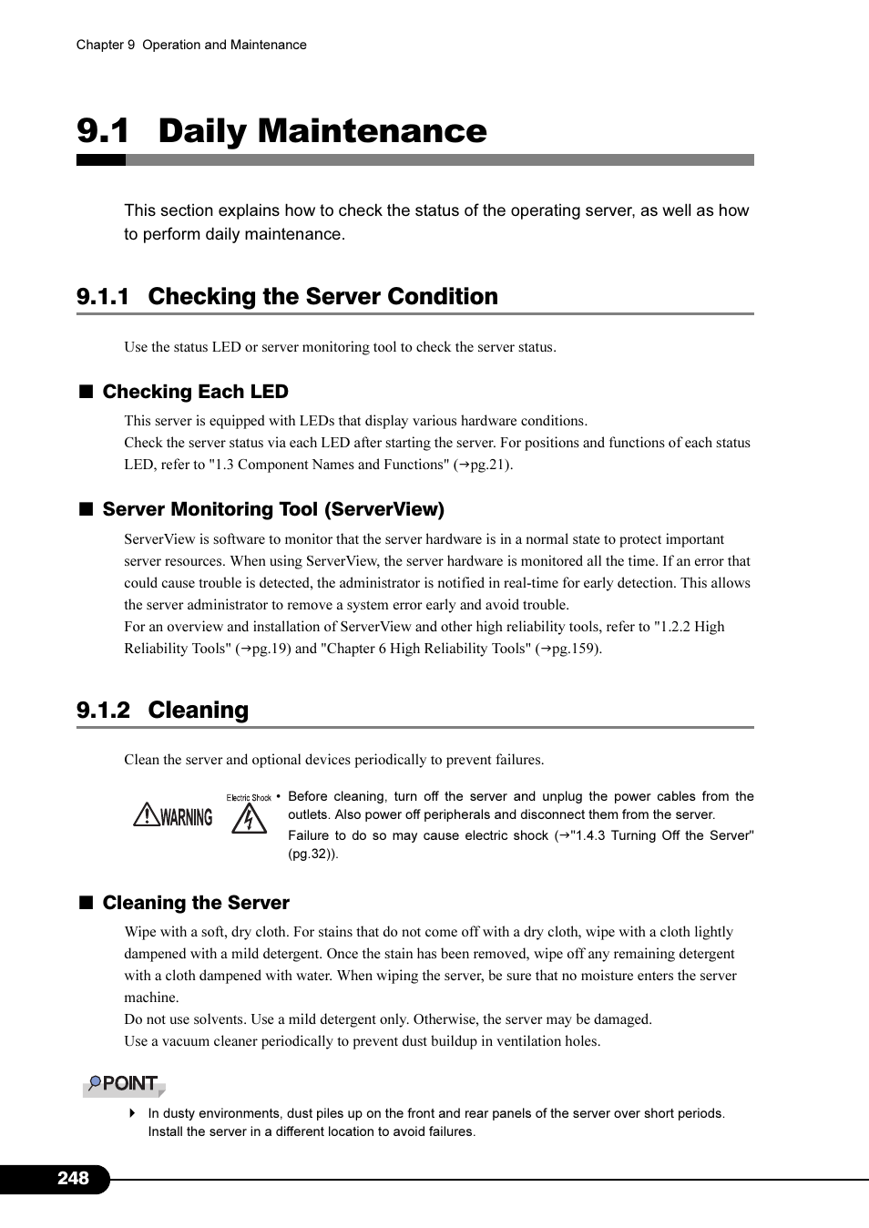 1 daily maintenance, 1 checking the server condition, 2 cleaning | Checking each led, Server monitoring tool (serverview), Cleaning the server | FUJITSU Primergy RX200 S2 User Manual | Page 248 / 307