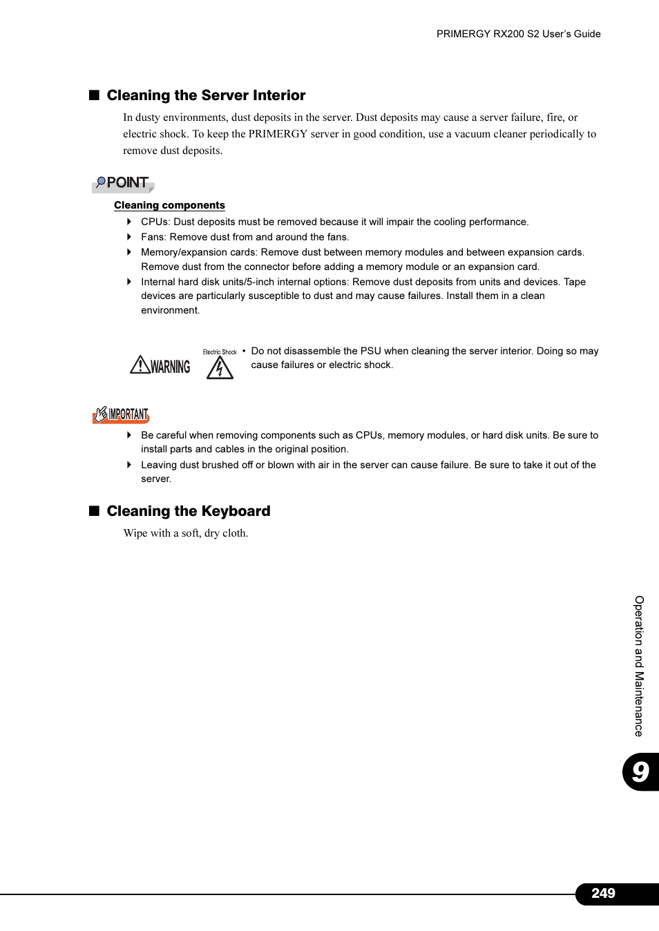 Cleaning the server interior, Cleaning the keyboard | FUJITSU Primergy RX200 S2 User Manual | Page 249 / 307