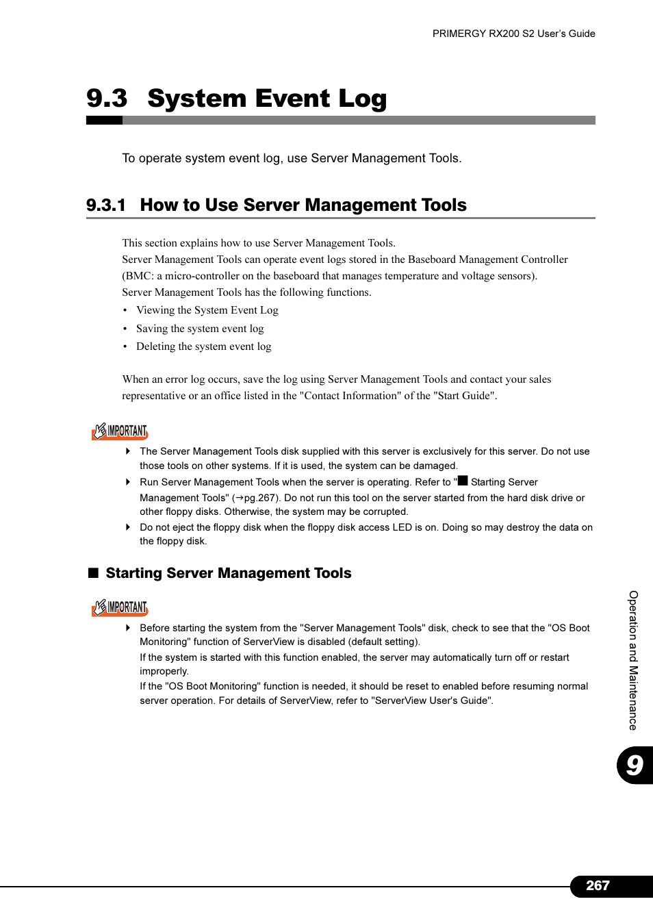3 system event log, 1 how to use server management tools, 3 system event log" ( pg.267) | Starting server management tools | FUJITSU Primergy RX200 S2 User Manual | Page 267 / 307