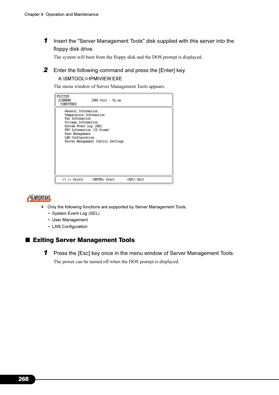 Exiting server management tools | FUJITSU Primergy RX200 S2 User Manual | Page 268 / 307