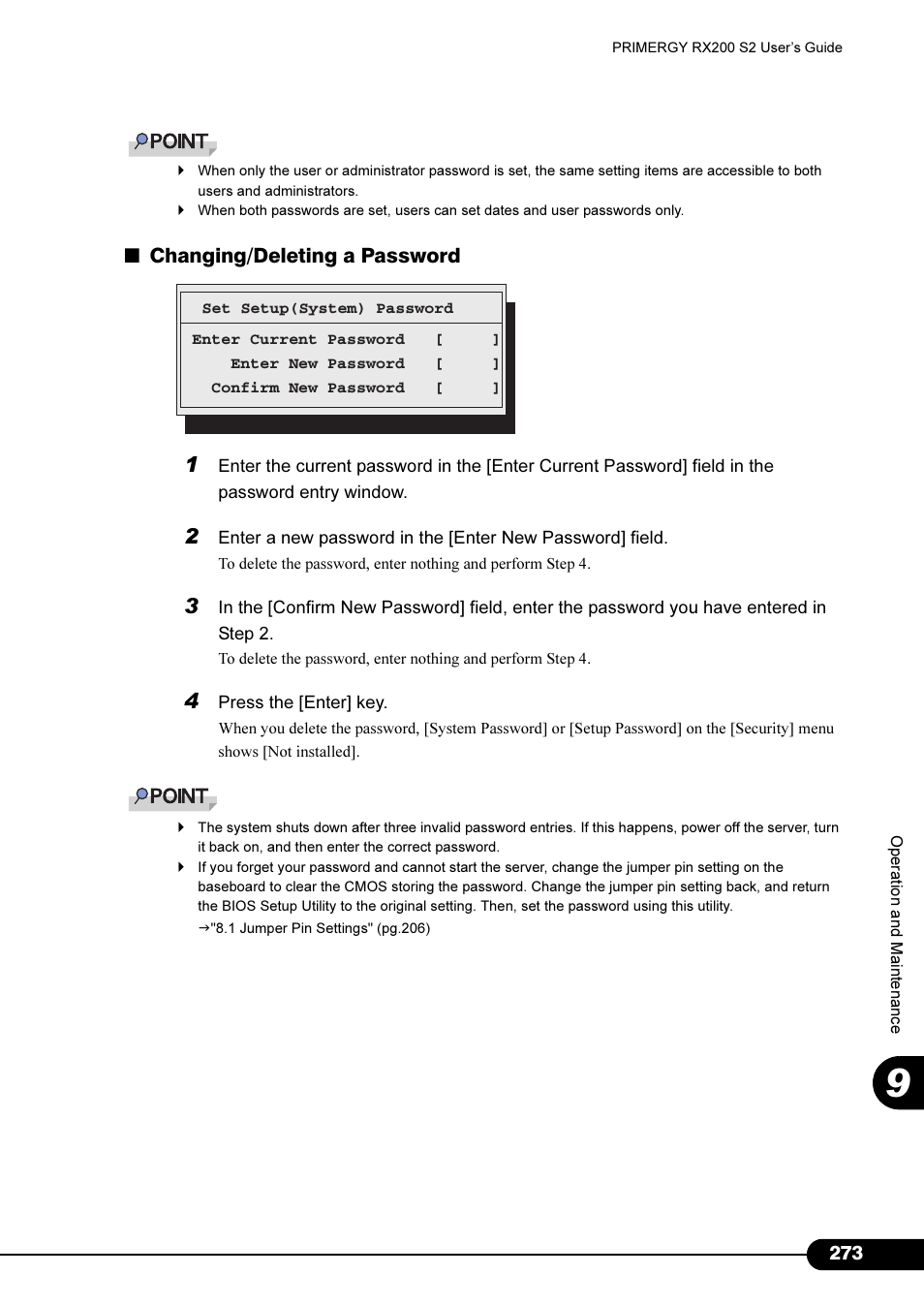 Changing/deleting a password | FUJITSU Primergy RX200 S2 User Manual | Page 273 / 307