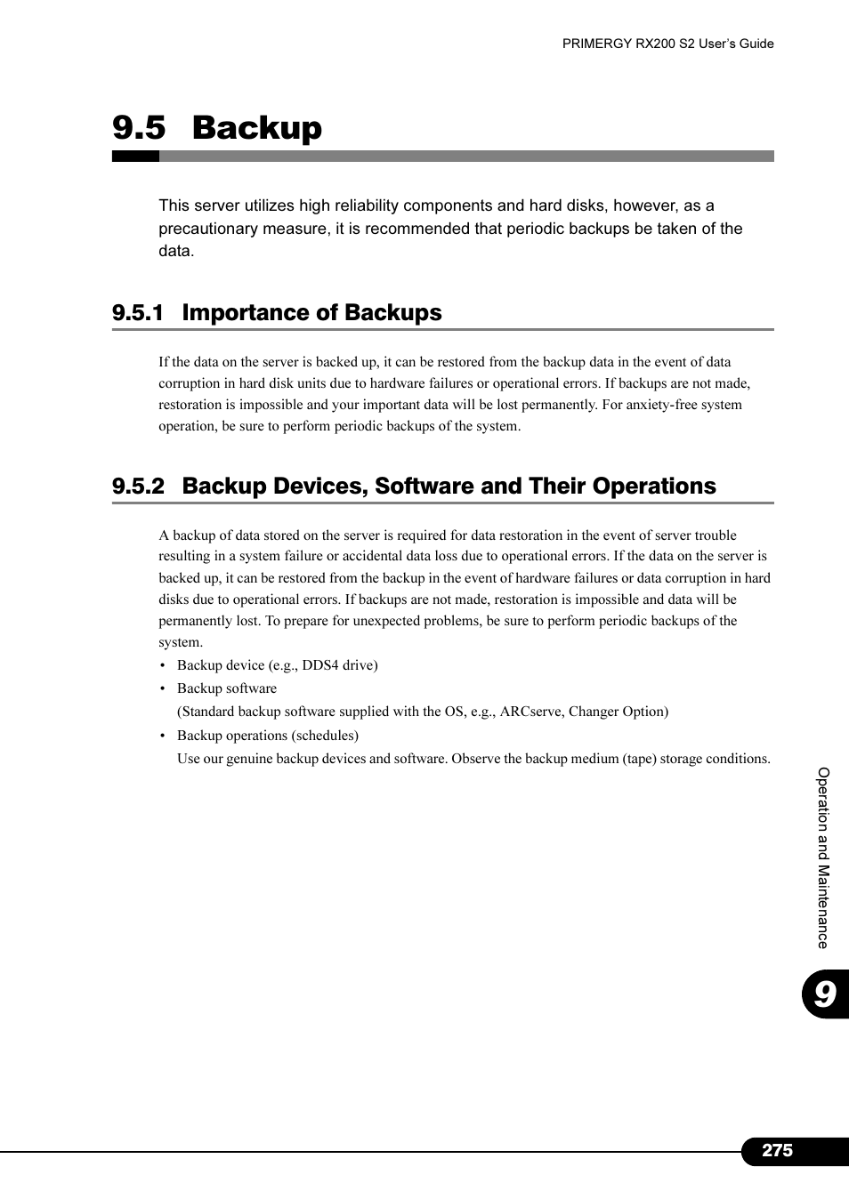 5 backup, 1 importance of backups, 2 backup devices, software and their operations | FUJITSU Primergy RX200 S2 User Manual | Page 275 / 307