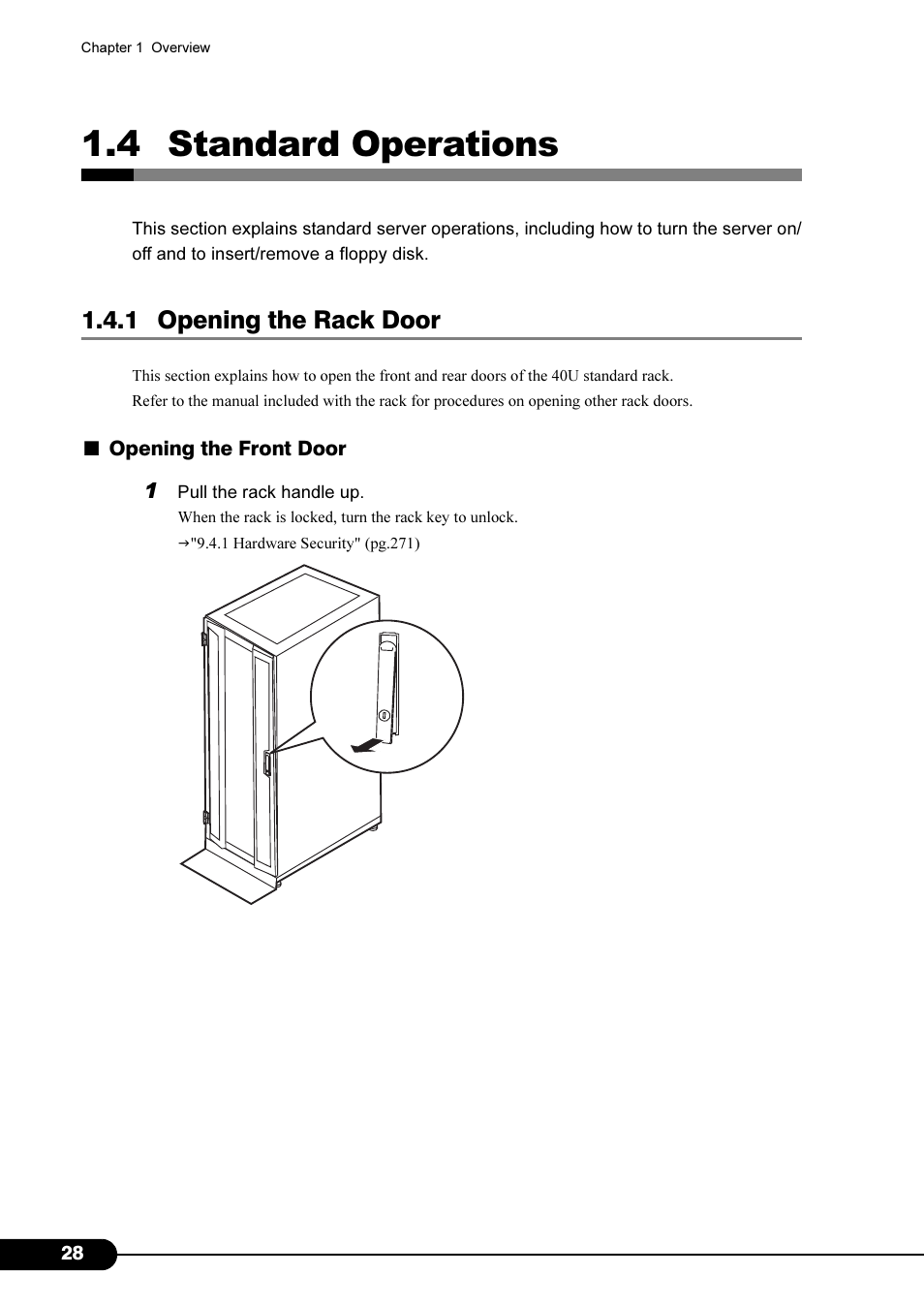 4 standard operations, 1 opening the rack door | FUJITSU Primergy RX200 S2 User Manual | Page 28 / 307