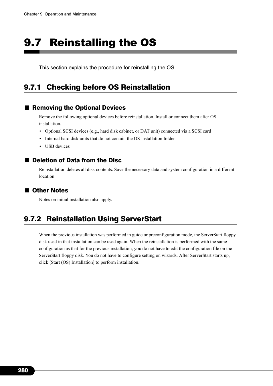 7 reinstalling the os, 1 checking before os reinstallation, 2 reinstallation using serverstart | FUJITSU Primergy RX200 S2 User Manual | Page 280 / 307