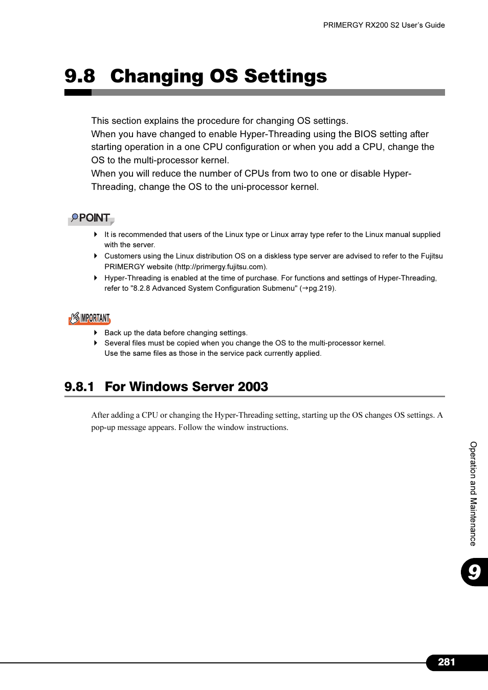 8 changing os settings, 1 for windows server 2003 | FUJITSU Primergy RX200 S2 User Manual | Page 281 / 307