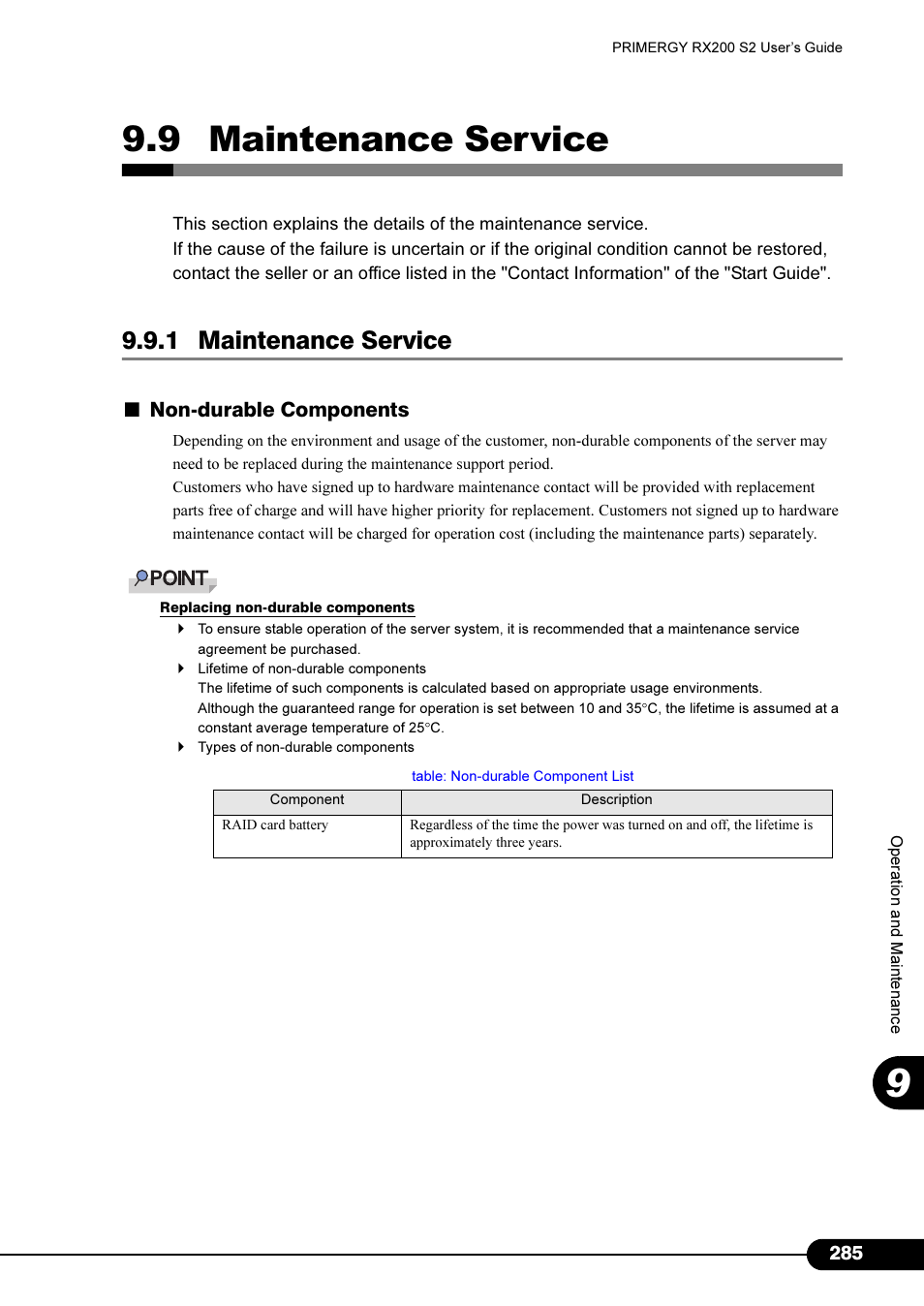 9 maintenance service, 1 maintenance service, Non-durable components | FUJITSU Primergy RX200 S2 User Manual | Page 285 / 307