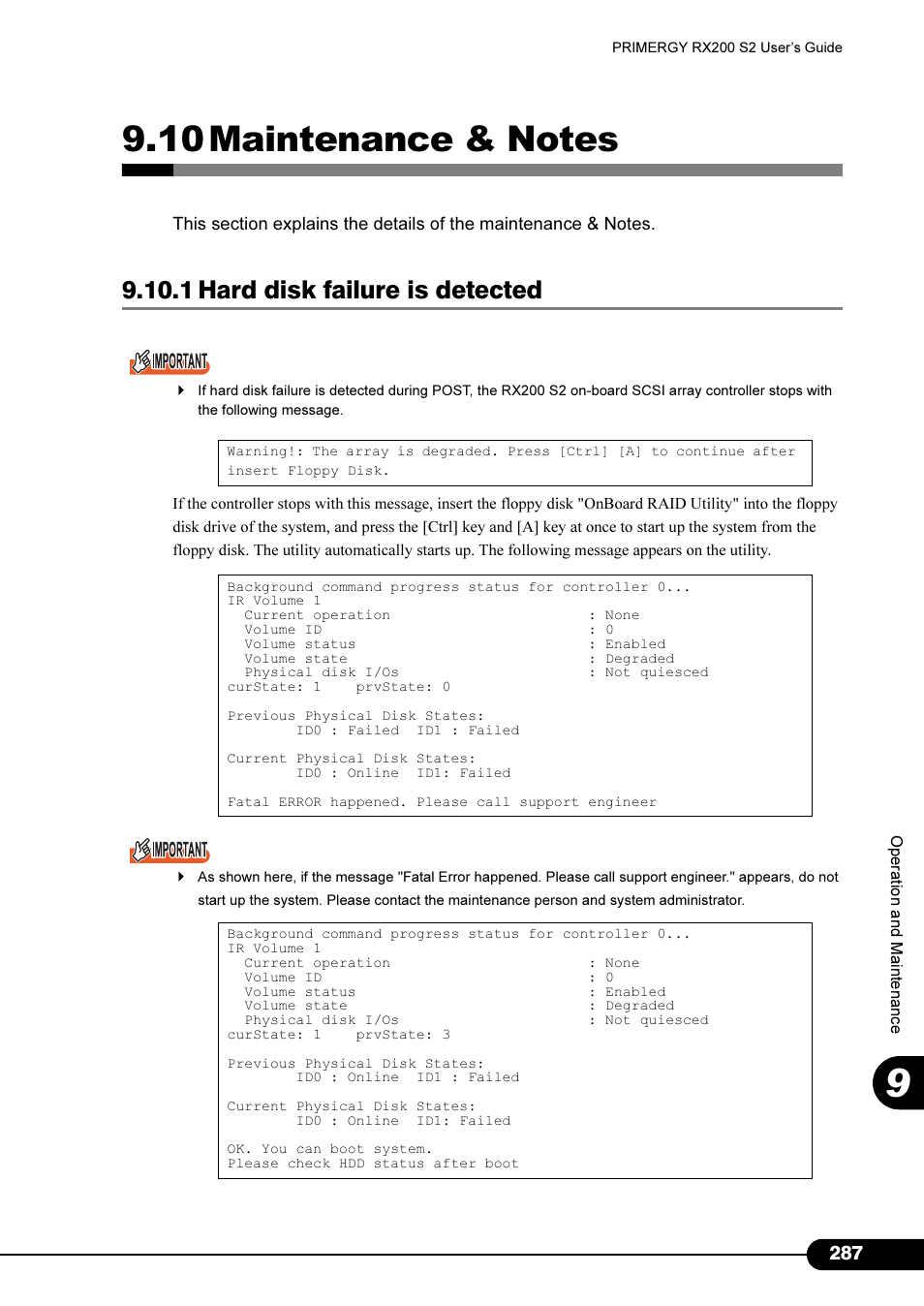 10 maintenance & notes, 1 hard disk failure is detected | FUJITSU Primergy RX200 S2 User Manual | Page 287 / 307