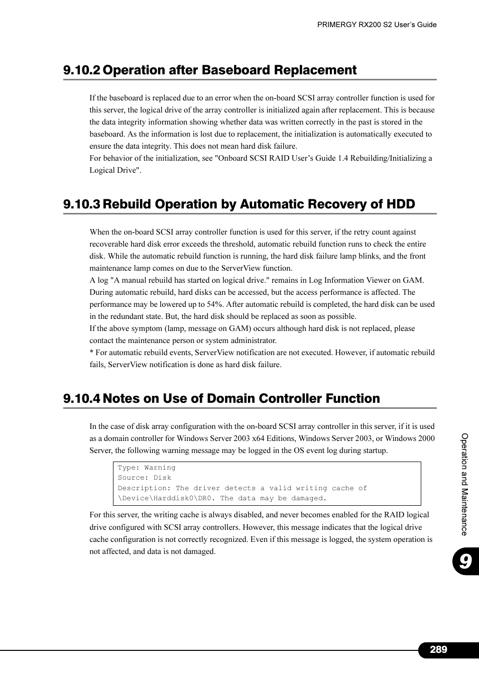 2 operation after baseboard replacement, 3 rebuild operation by automatic recovery of hdd, 4 notes on use of domain controller function | FUJITSU Primergy RX200 S2 User Manual | Page 289 / 307