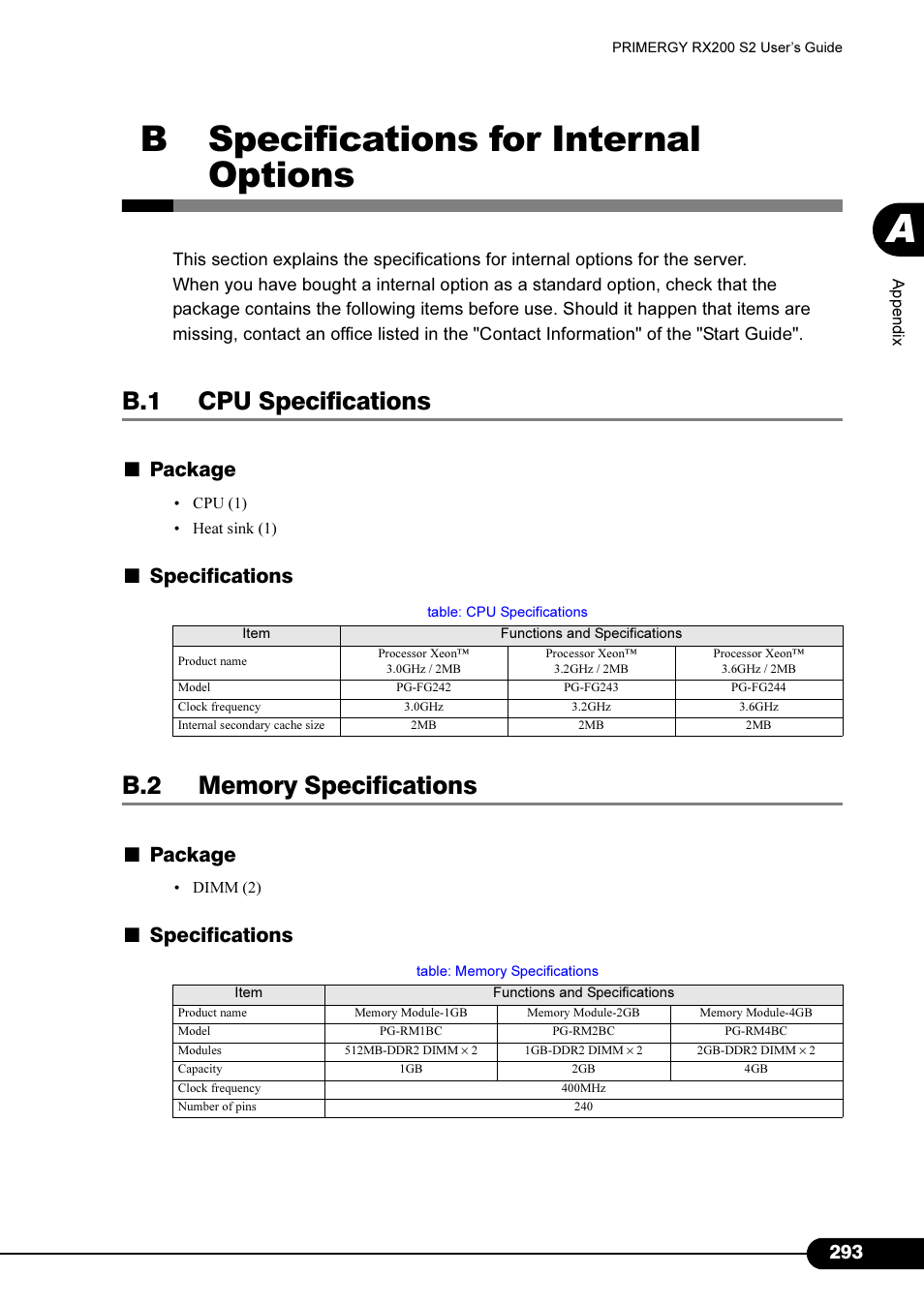 B specifications for internal options, B.1 cpu specifications, B.2 memory specifications | Package, Specifications | FUJITSU Primergy RX200 S2 User Manual | Page 293 / 307