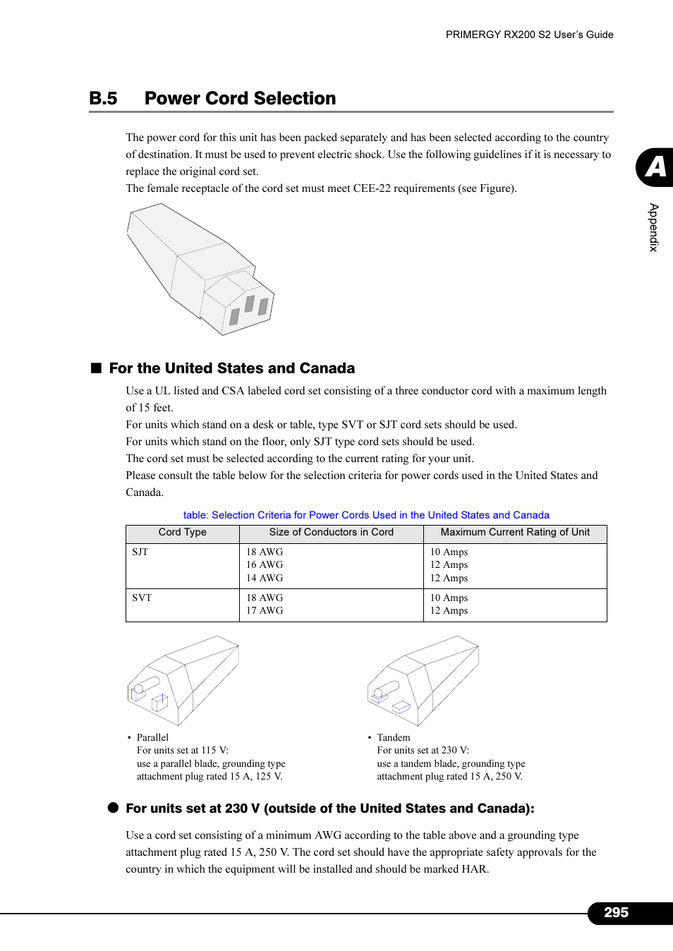 B.5 power cord selection, For the united states and canada | FUJITSU Primergy RX200 S2 User Manual | Page 295 / 307