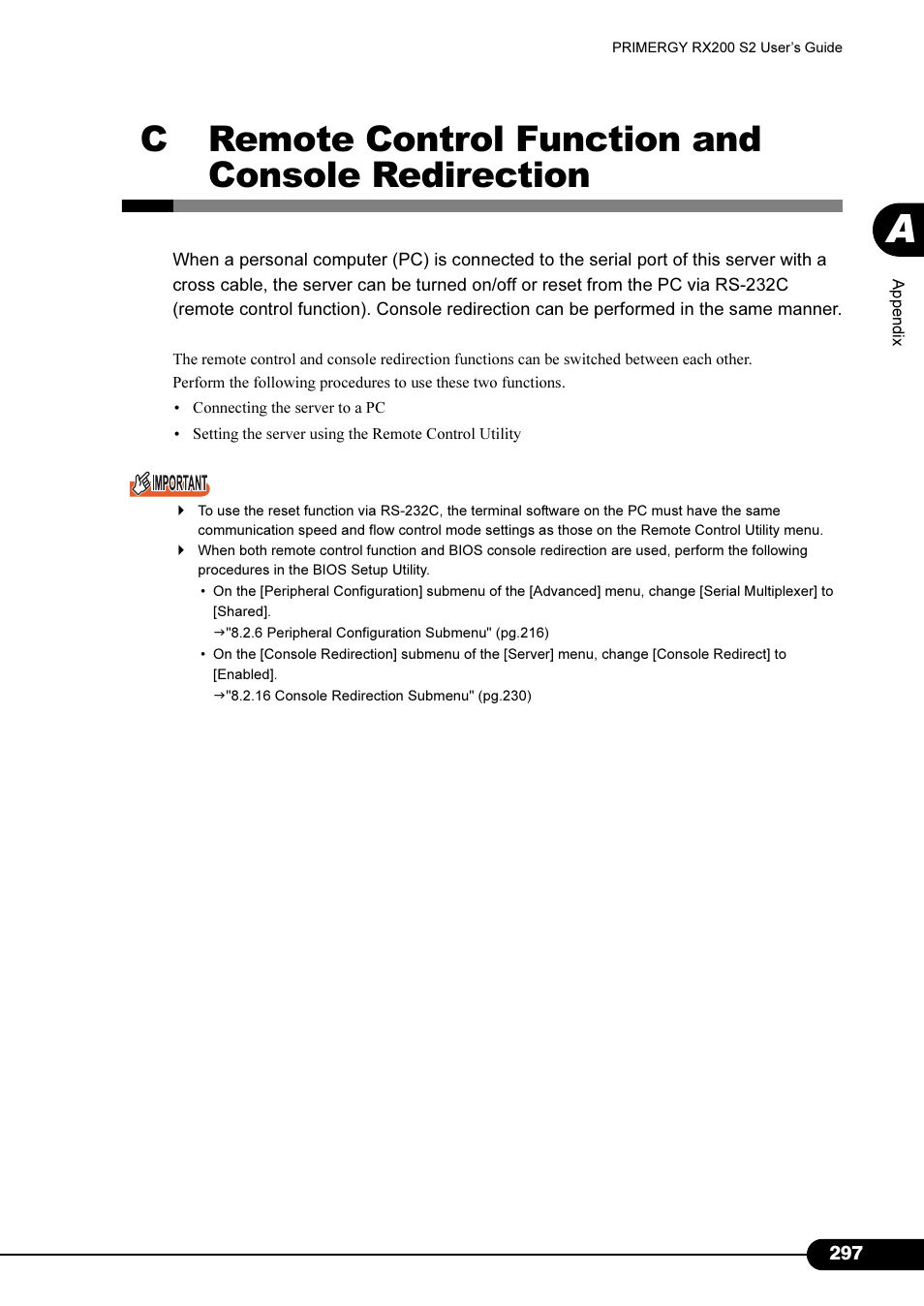 C remote control function and console redirection, Cremote control function and console redirection | FUJITSU Primergy RX200 S2 User Manual | Page 297 / 307