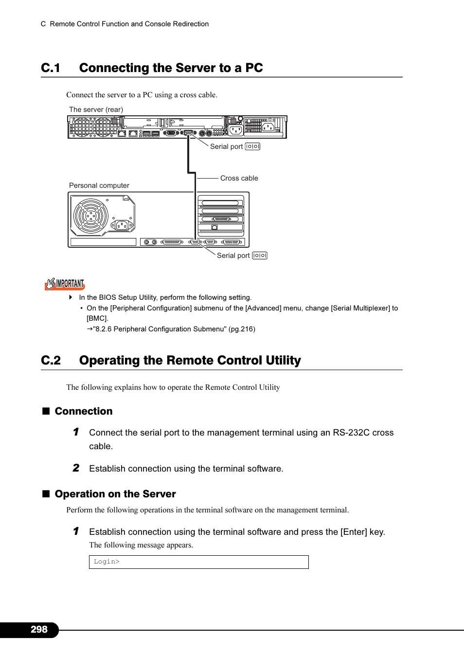 C.1 connecting the server to a pc, C.2 operating the remote control utility | FUJITSU Primergy RX200 S2 User Manual | Page 298 / 307