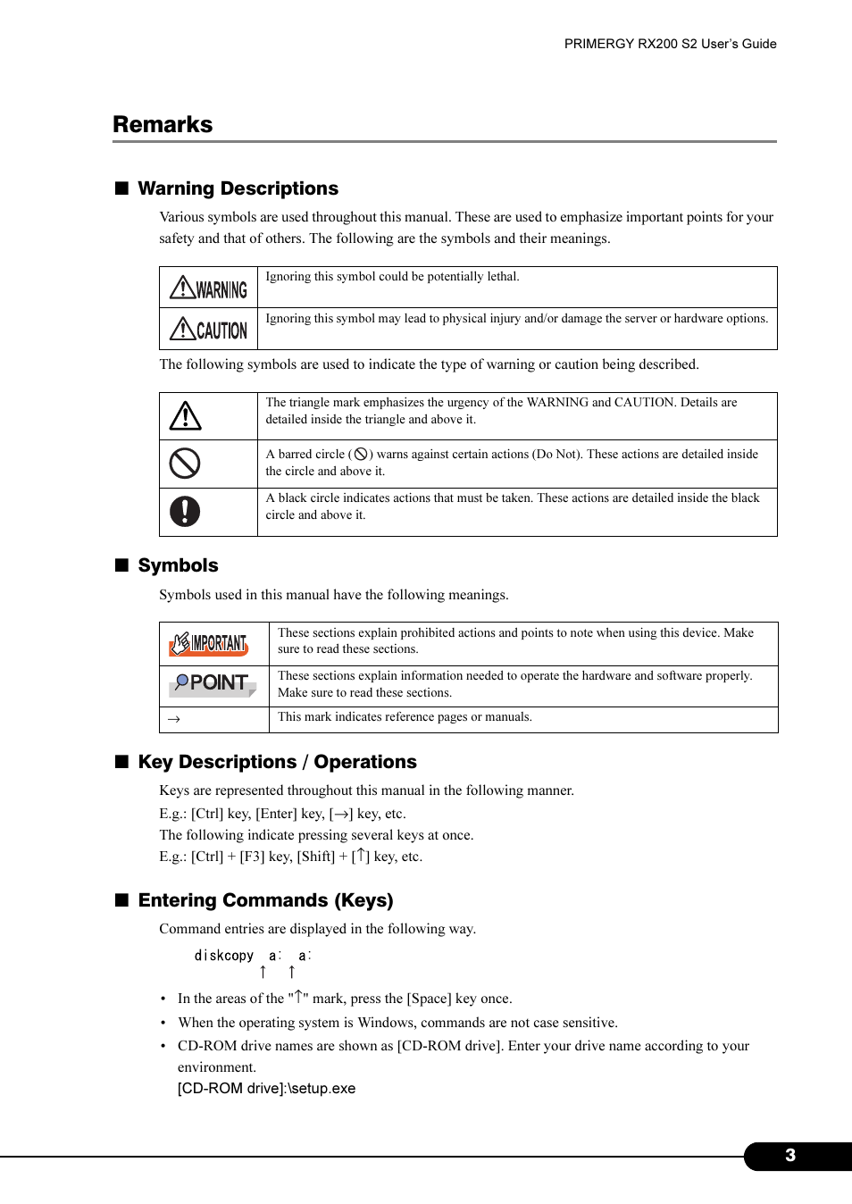Remarks, Warning descriptions, Symbols | Key descriptions / operations, Entering commands (keys) | FUJITSU Primergy RX200 S2 User Manual | Page 3 / 307