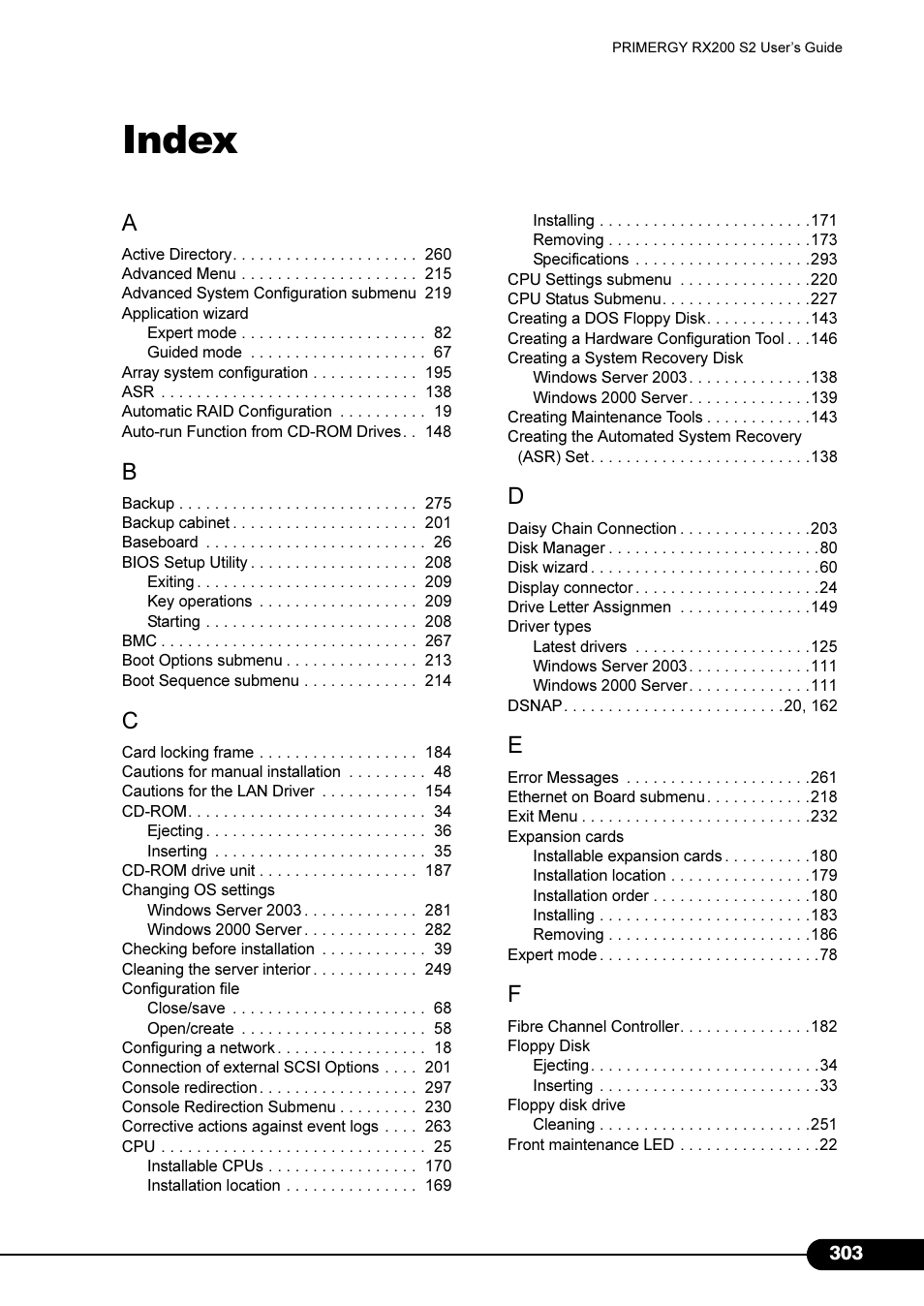Index | FUJITSU Primergy RX200 S2 User Manual | Page 303 / 307